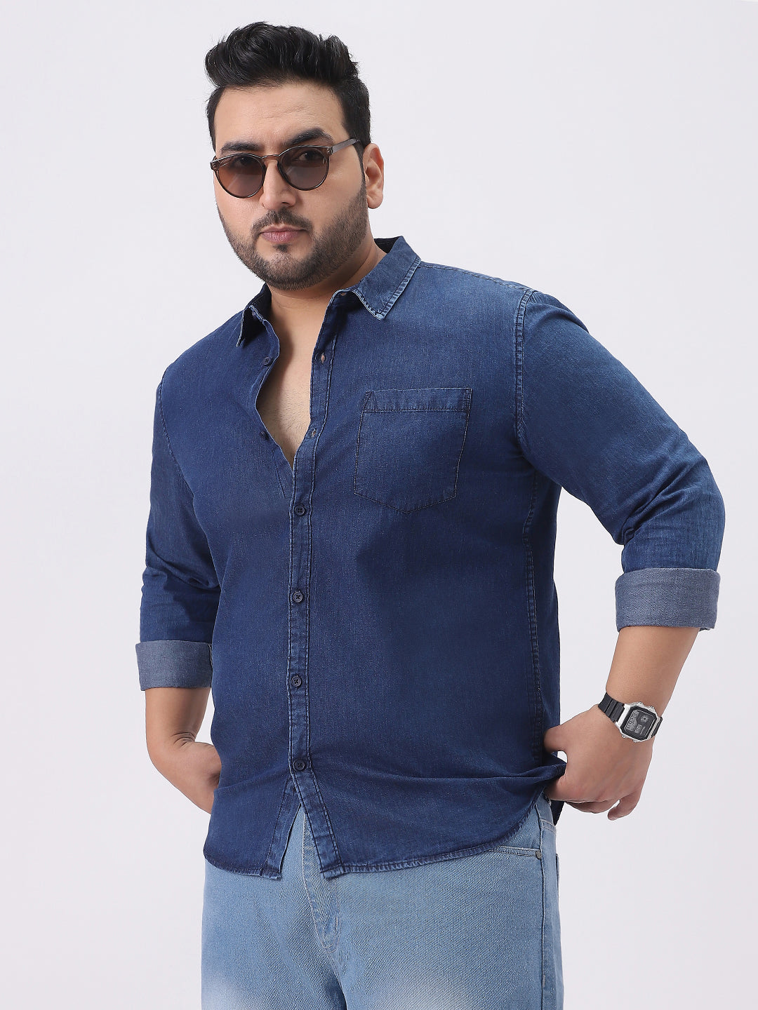 Plus Men's Dark Blue Regular Fit Full Sleeve Washed Denim Shirt