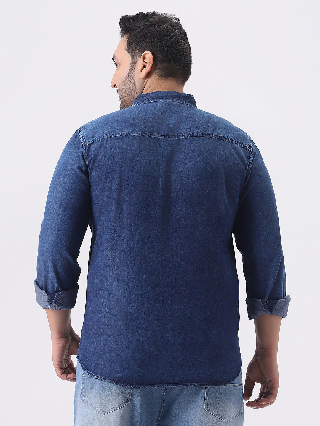 Plus Men's Dark Blue Regular Fit Full Sleeve Washed Denim Shirt