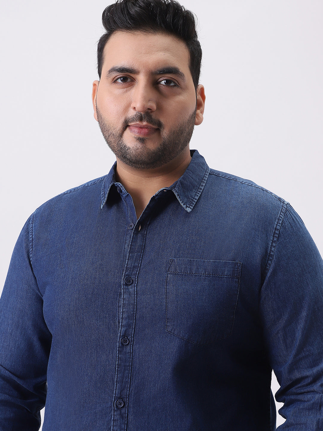 Plus Men's Dark Blue Regular Fit Full Sleeve Washed Denim Shirt