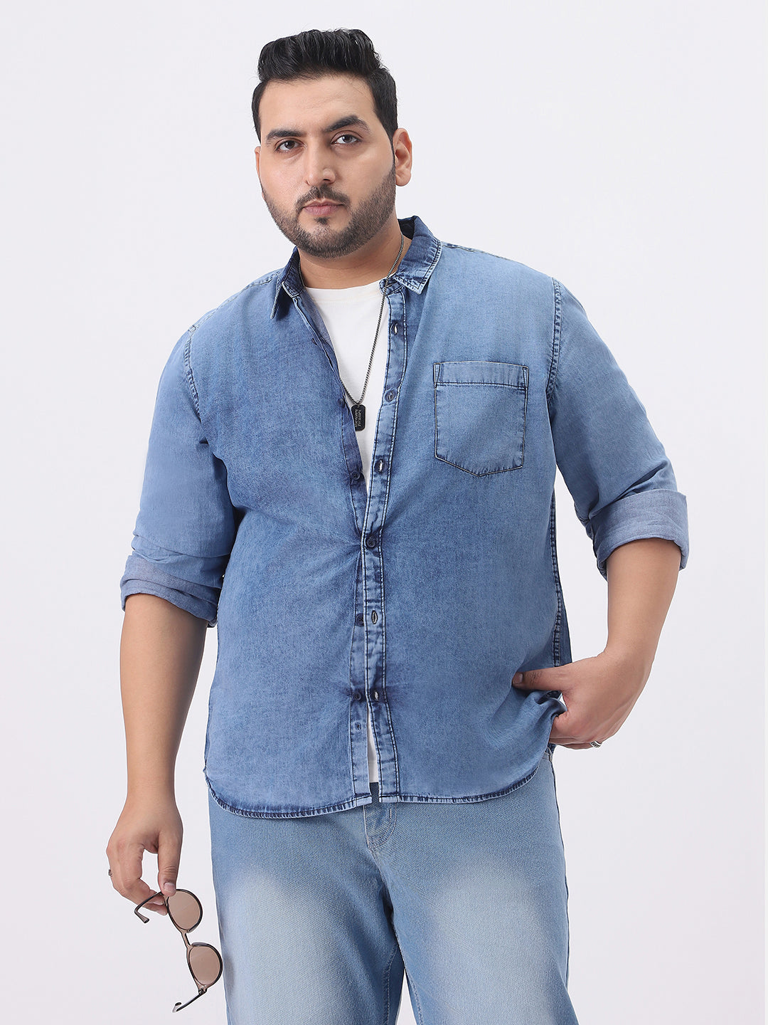 Plus Men's Light Blue Regular Fit Full Sleeve Washed Denim Shirt