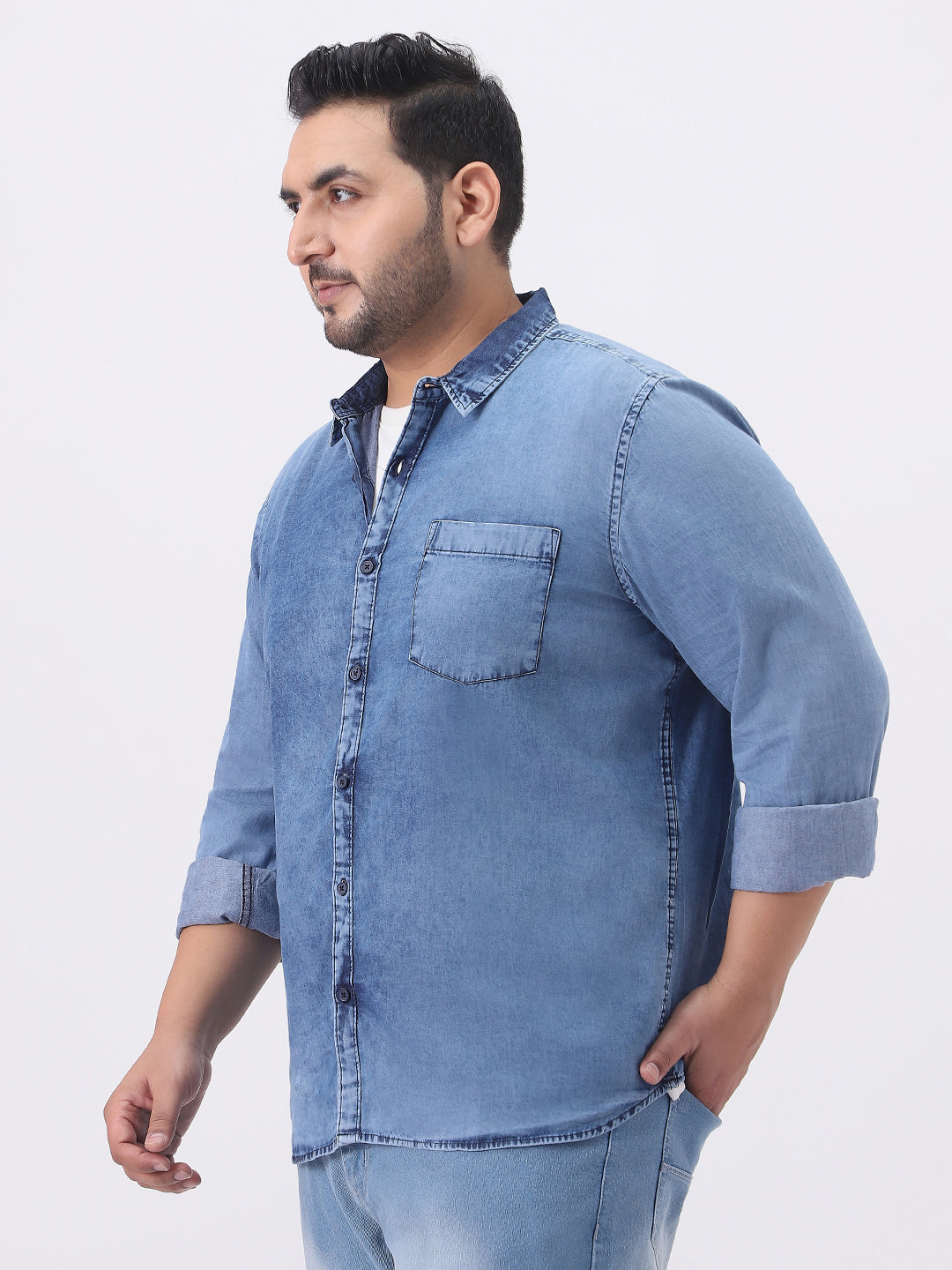 Plus Men's Light Blue Regular Fit Full Sleeve Washed Denim Shirt
