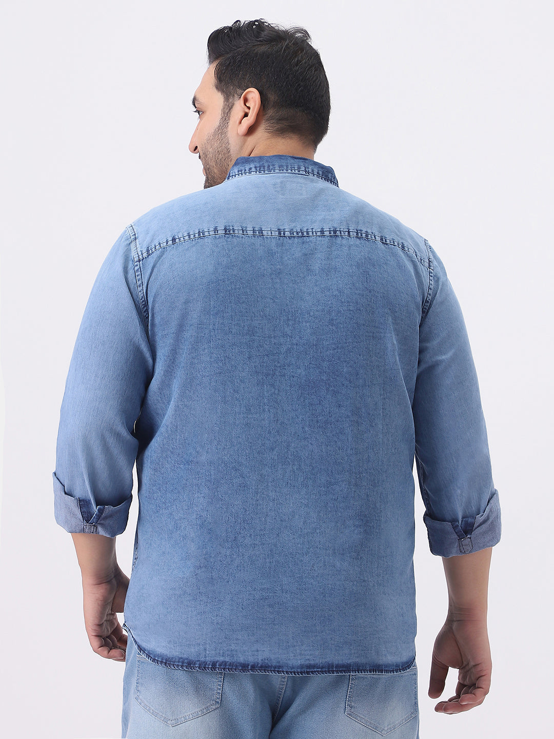 Plus Men's Light Blue Regular Fit Full Sleeve Washed Denim Shirt