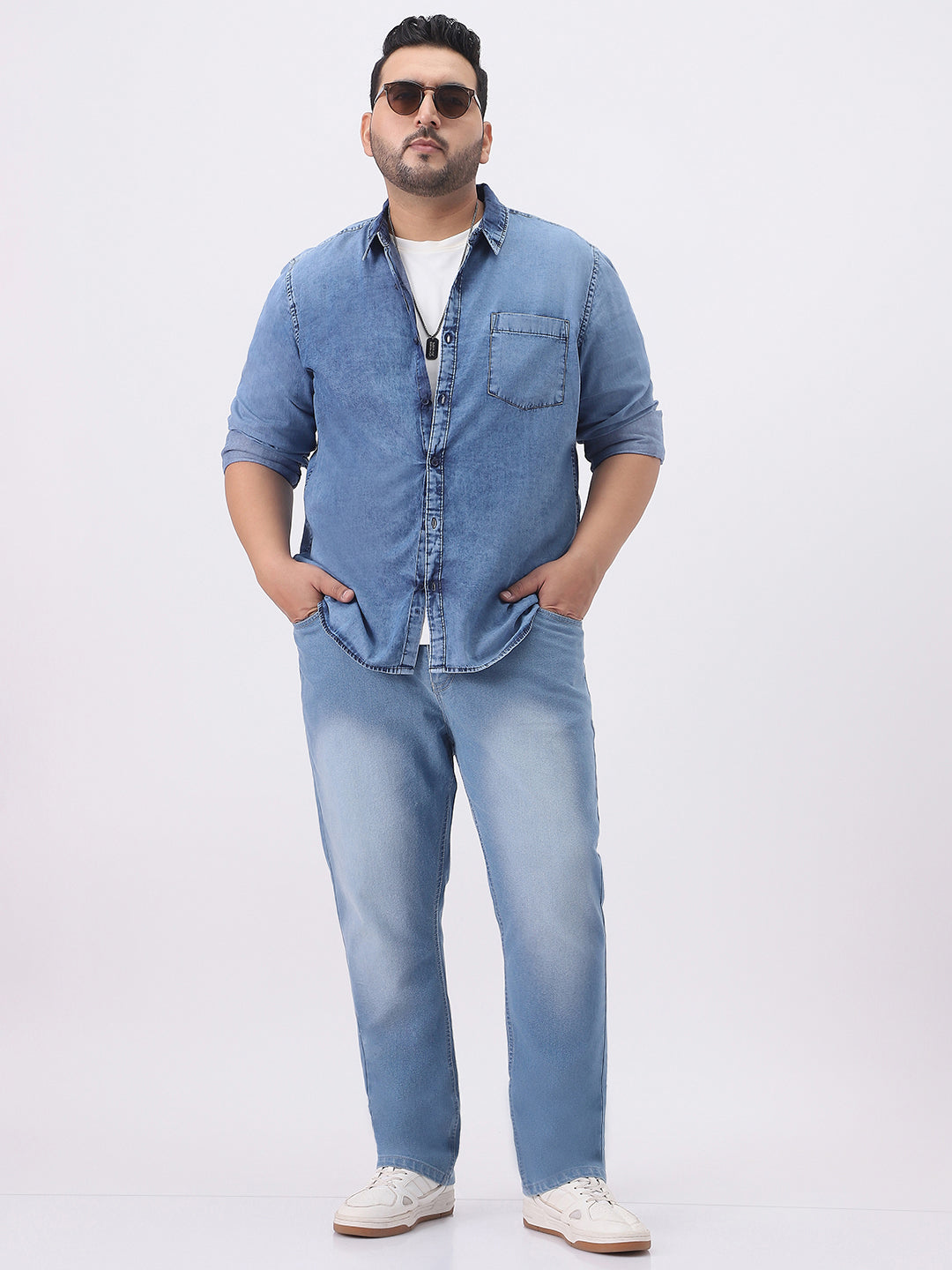 Plus Men's Light Blue Regular Fit Full Sleeve Washed Denim Shirt