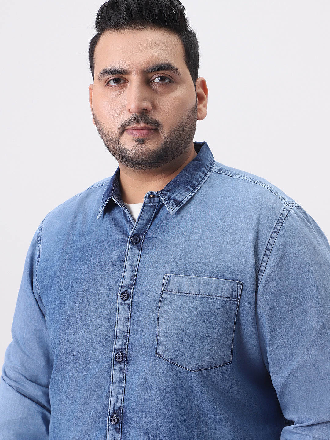 Plus Men's Light Blue Regular Fit Full Sleeve Washed Denim Shirt