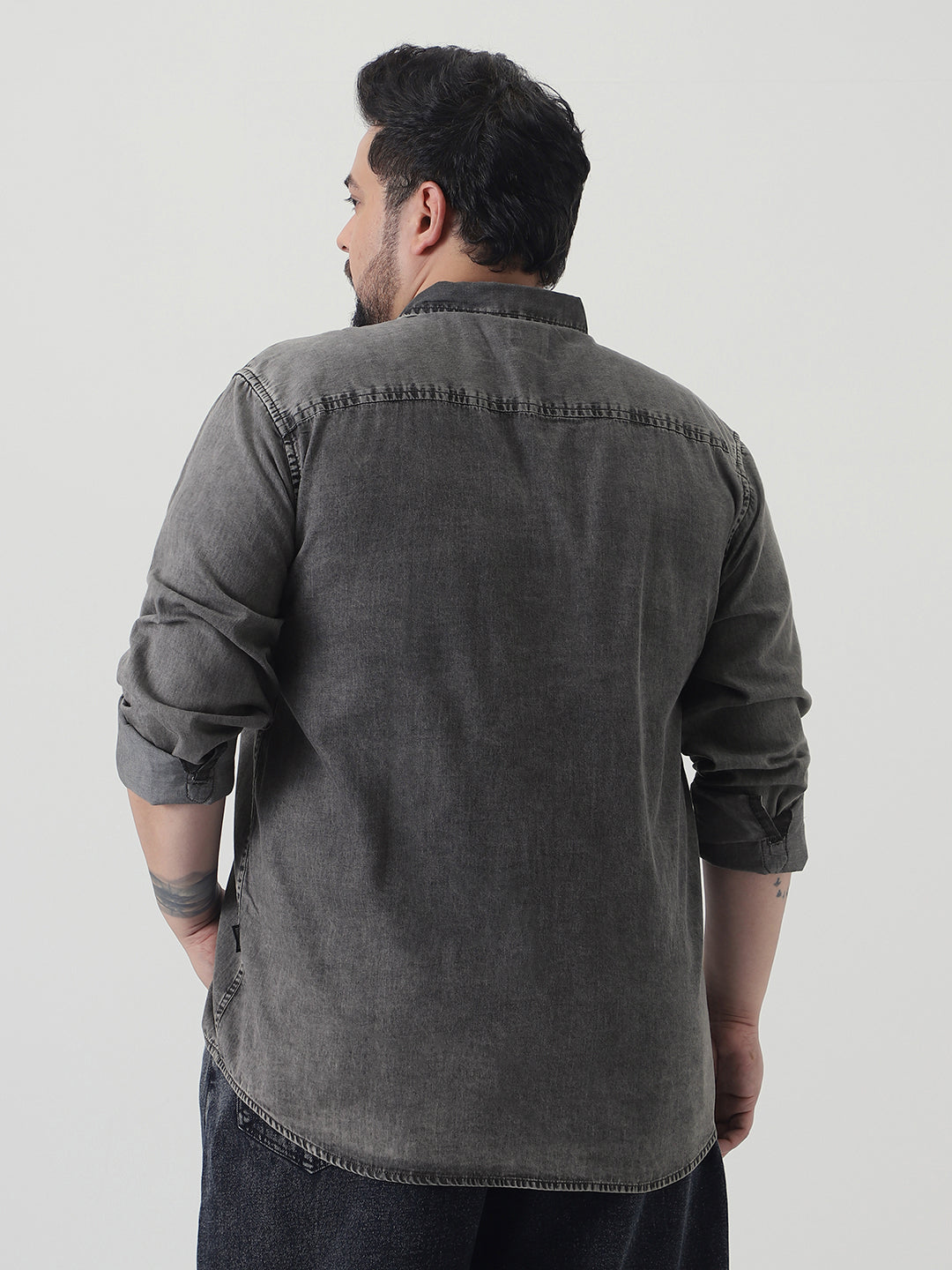 Plus Men's Light Grey Regular Fit Full Sleeve Washed Denim Shirt