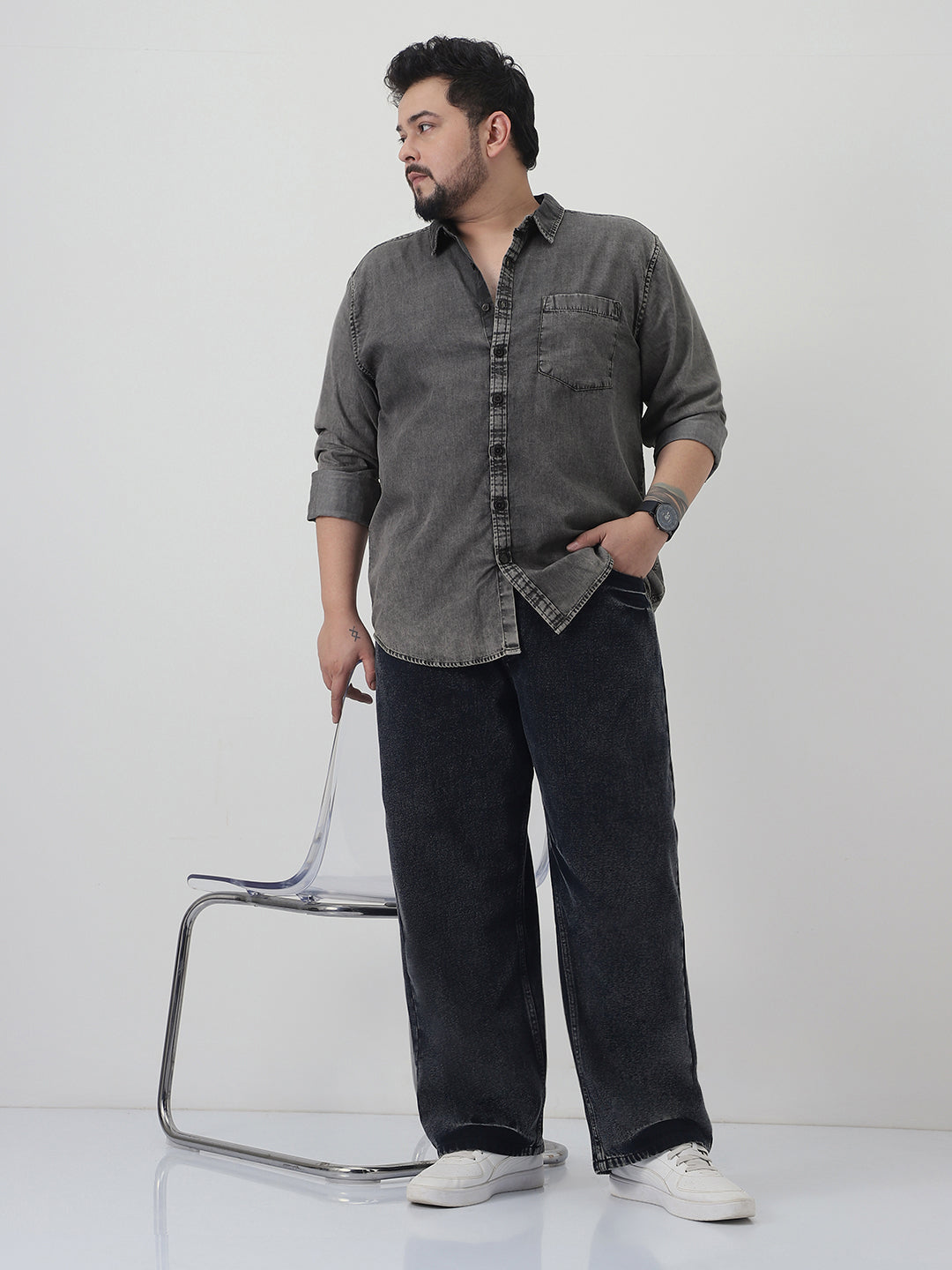 Plus Men's Light Grey Regular Fit Full Sleeve Washed Denim Shirt