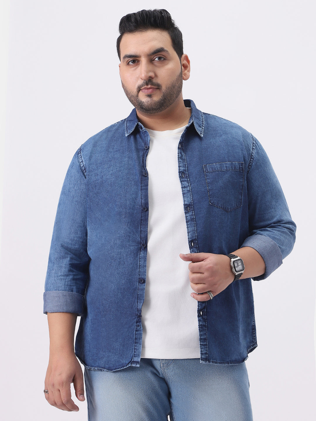 Plus Men's Blue Regular Fit Full Sleeve Washed Denim Shirt