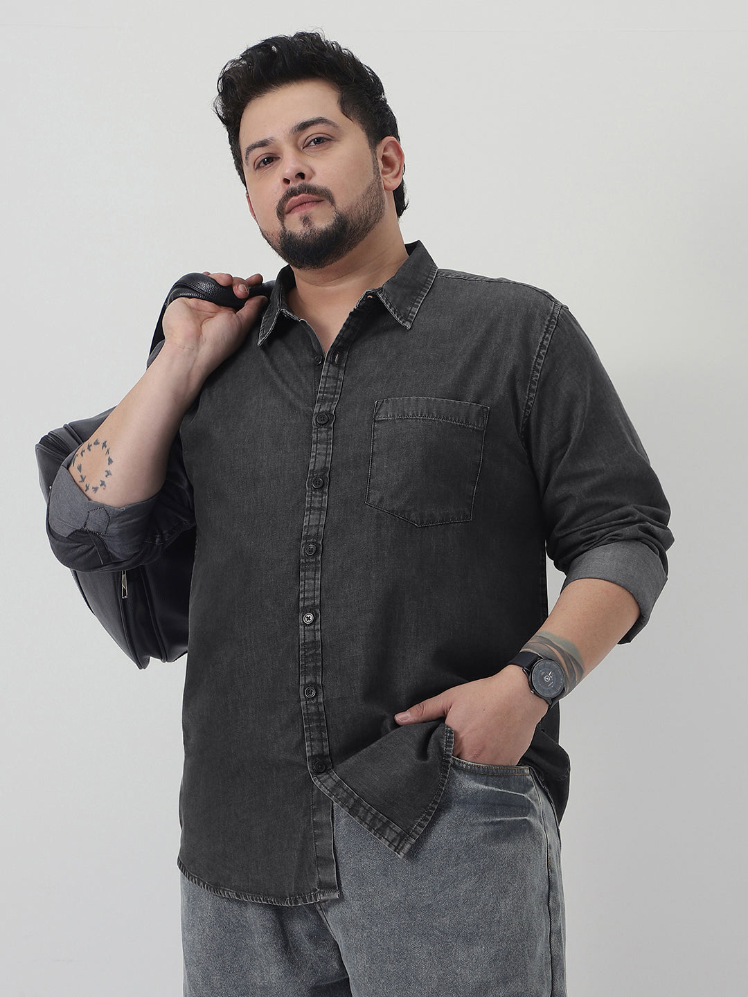 Plus Men's Grey Regular Fit Full Sleeve Washed Denim Shirt