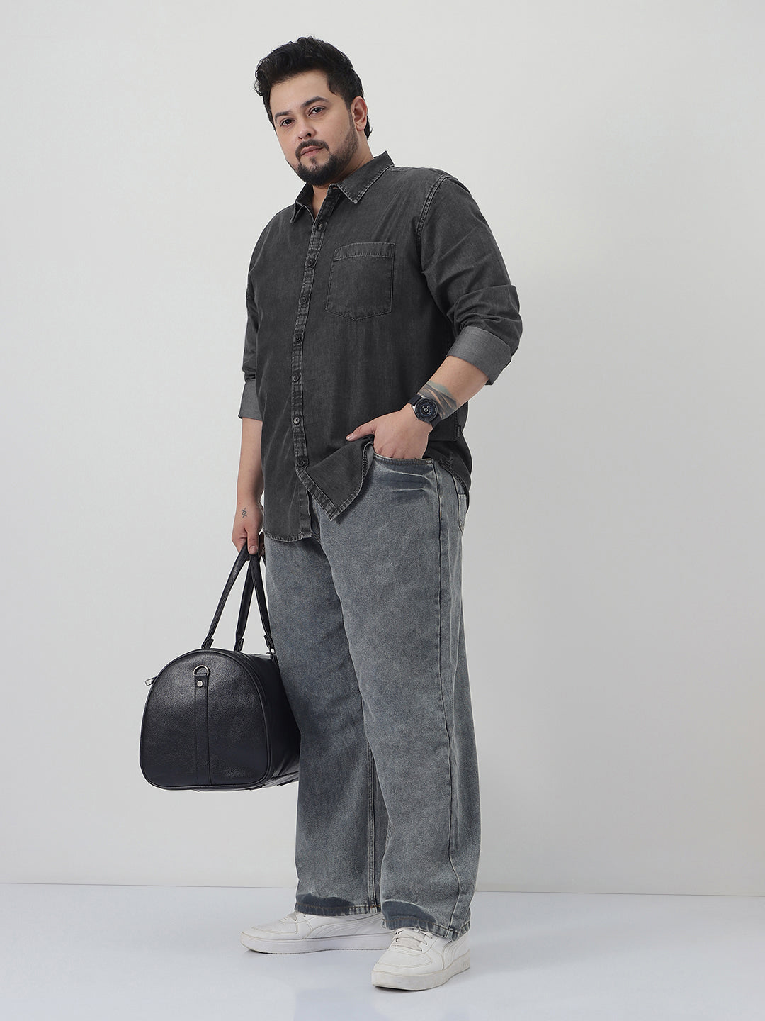 Plus Men's Grey Regular Fit Full Sleeve Washed Denim Shirt