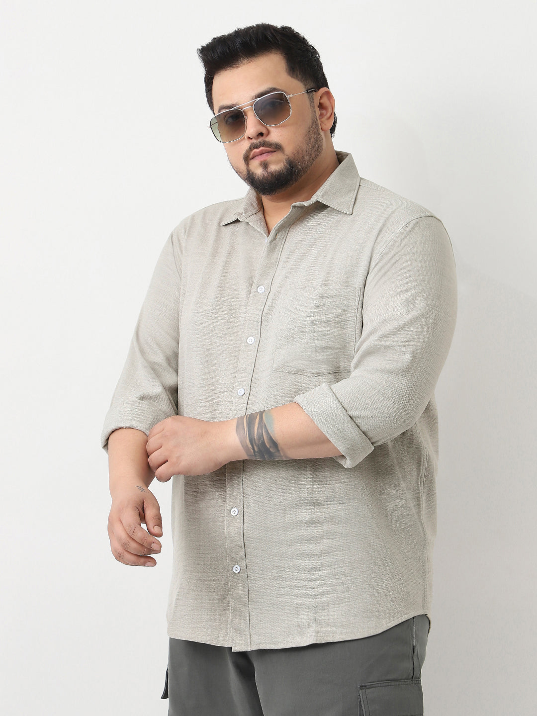 Plus Men's Beige Linen Blend Full Sleeve Relaxed Fit Casual Solid Shirt
