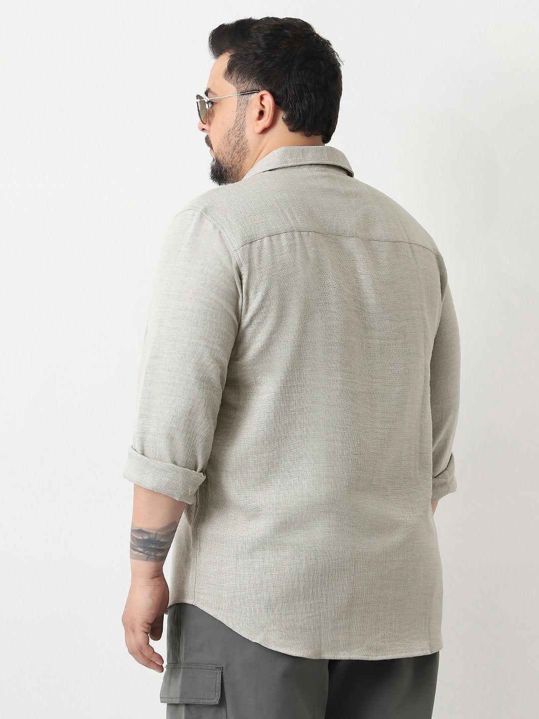 Plus Men's Beige Linen Blend Full Sleeve Relaxed Fit Casual Solid Shirt