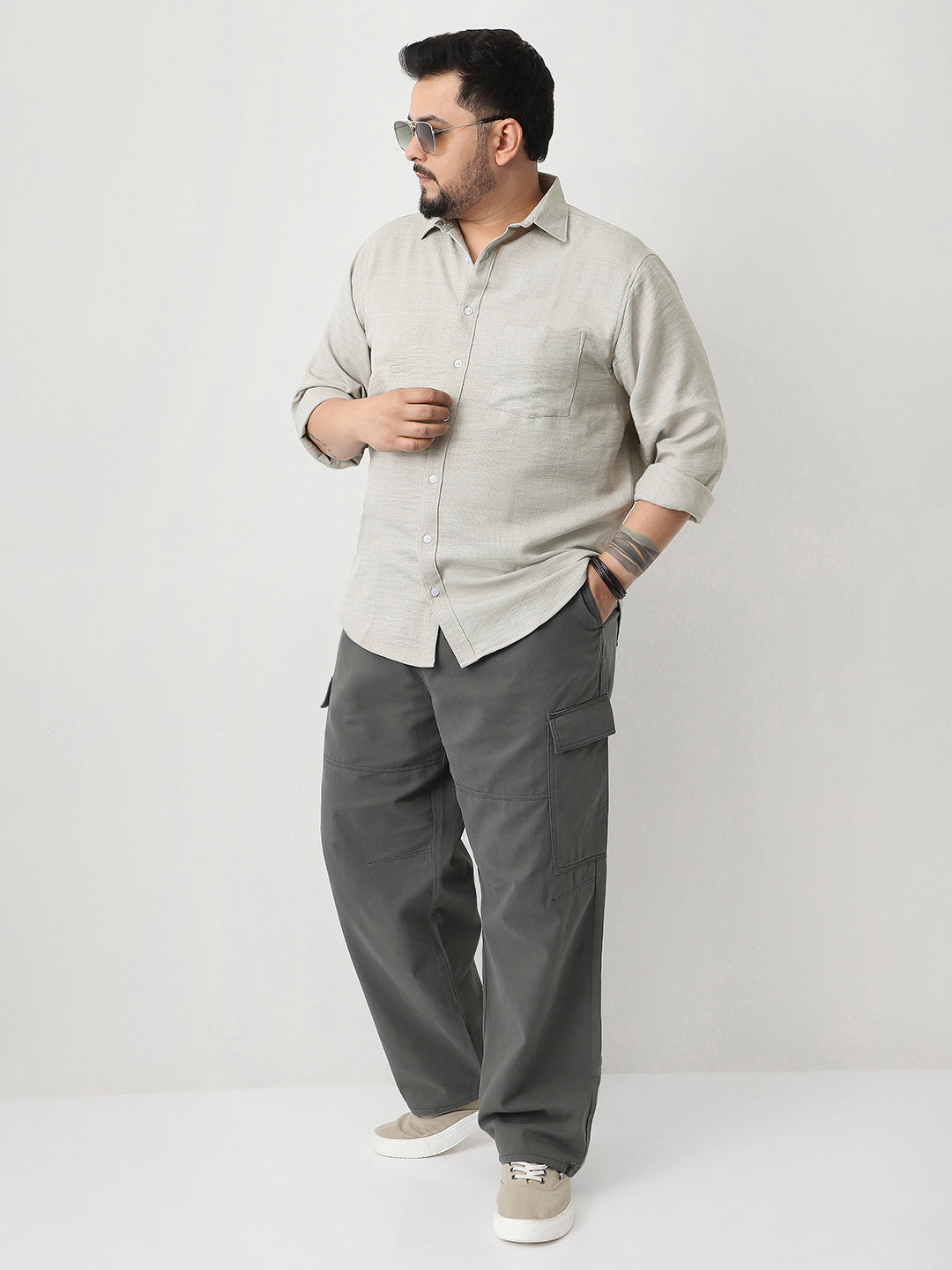 Plus Men's Beige Linen Blend Full Sleeve Relaxed Fit Casual Solid Shirt