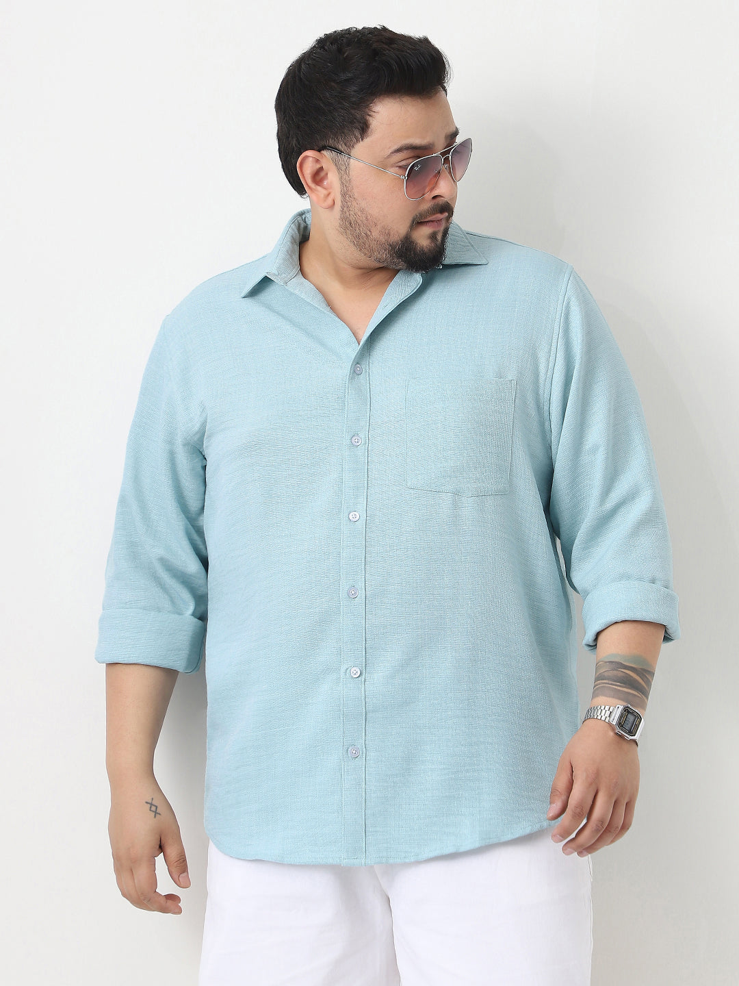 Plus Men's Light Blue Linen Blend Full Sleeve Relaxed Fit Casual Solid Shirt