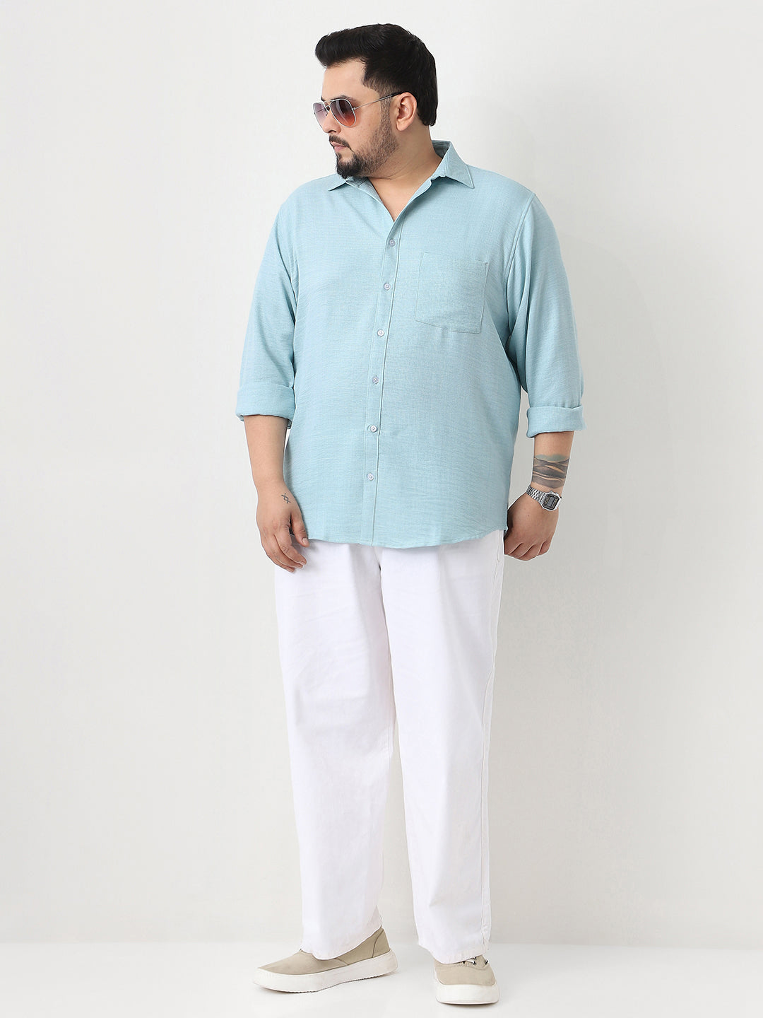 Plus Men's Light Blue Linen Blend Full Sleeve Relaxed Fit Casual Solid Shirt
