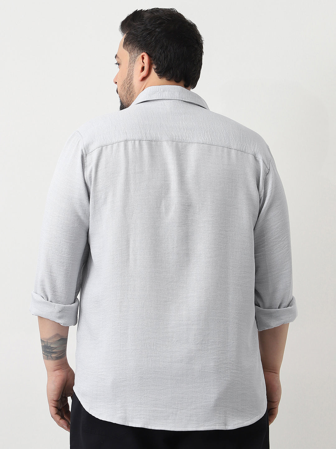 Plus Men's Light Grey Linen Blend Full Sleeve Relaxed Fit Casual Solid Shirt
