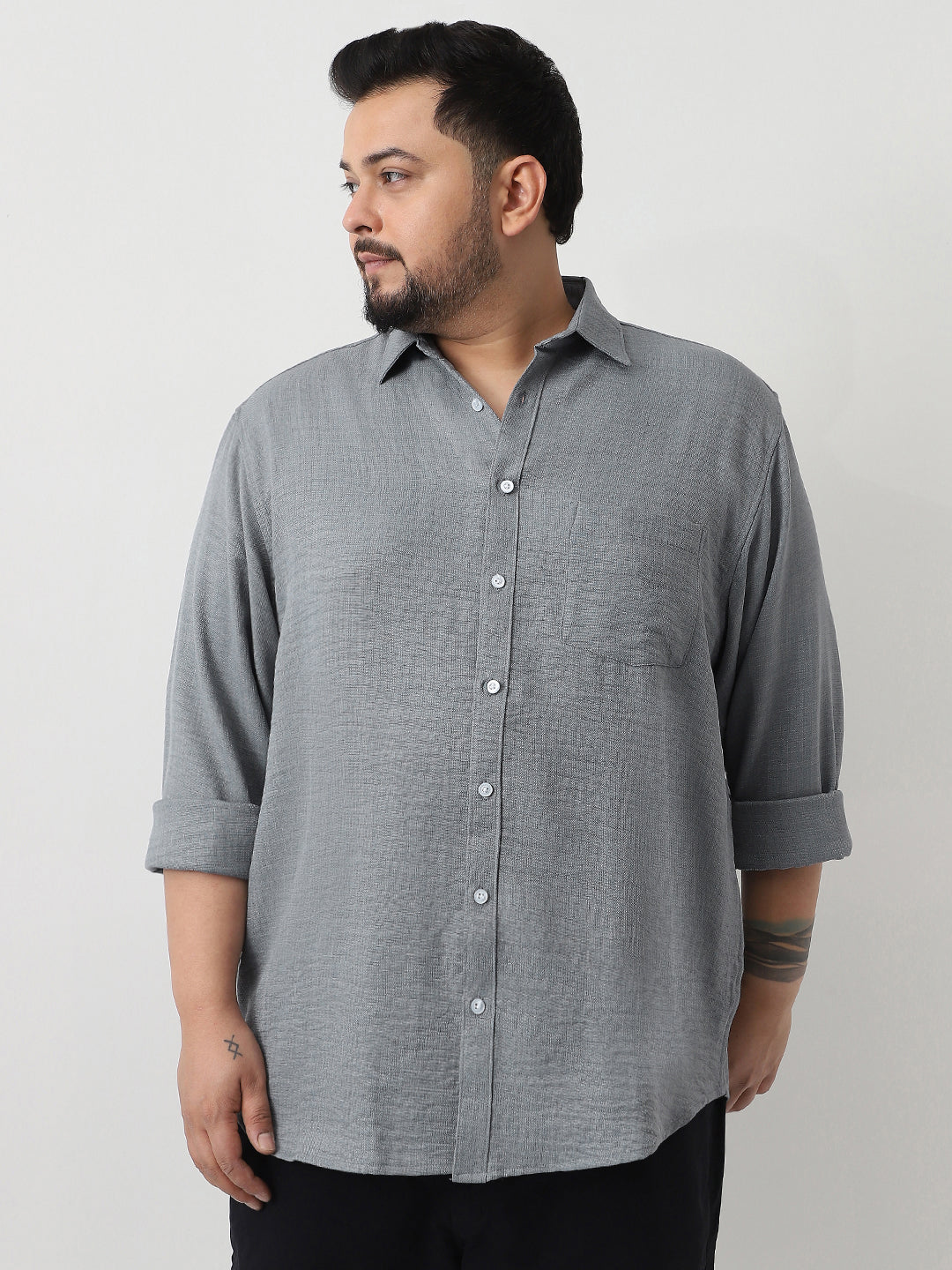 Plus Men's Metallic Blue Linen Blend Full Sleeve Relaxed Fit Casual Solid Shirt