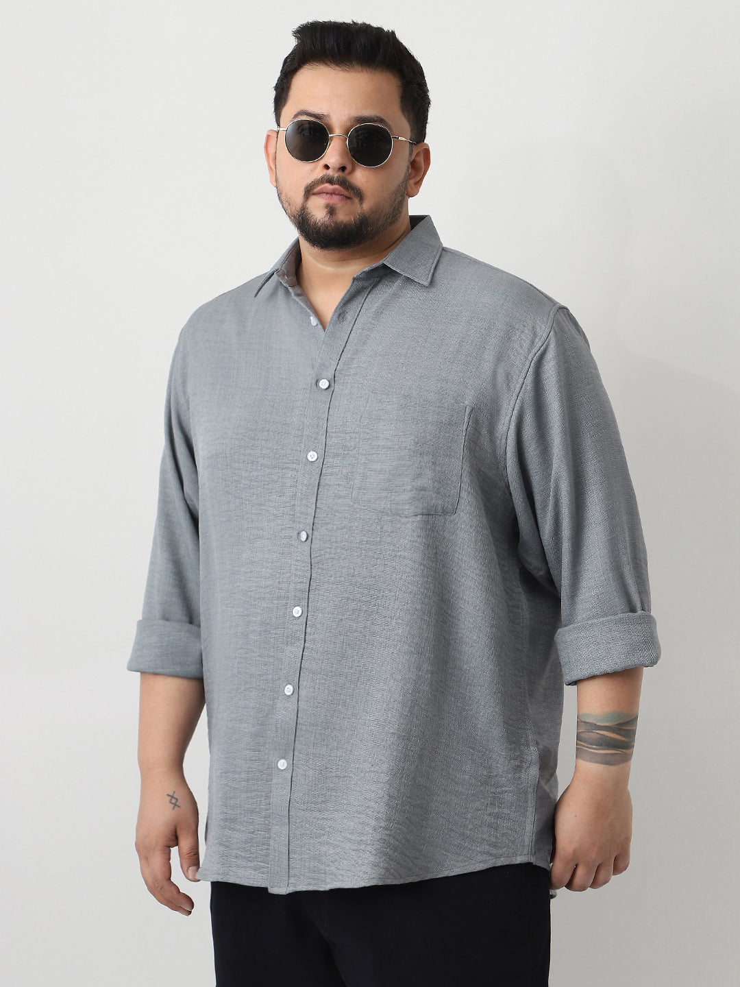 Plus Men's Metallic Blue Linen Blend Full Sleeve Relaxed Fit Casual Solid Shirt