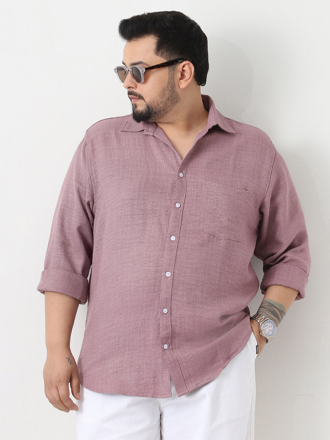 Plus Men's Purple Linen Blend Full Sleeve Relaxed Fit Casual Solid Shirt
