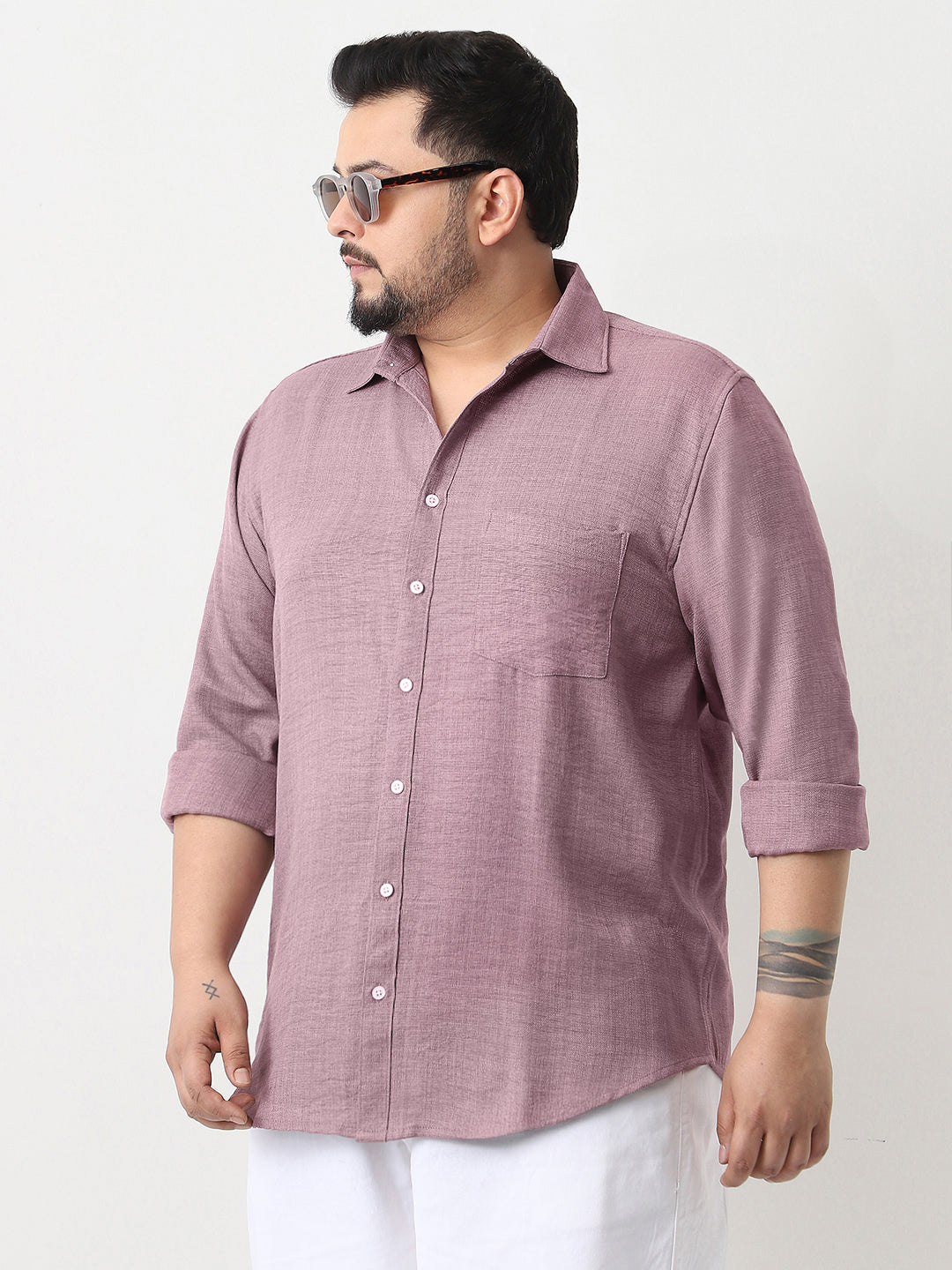Plus Men's Purple Linen Blend Full Sleeve Relaxed Fit Casual Solid Shirt