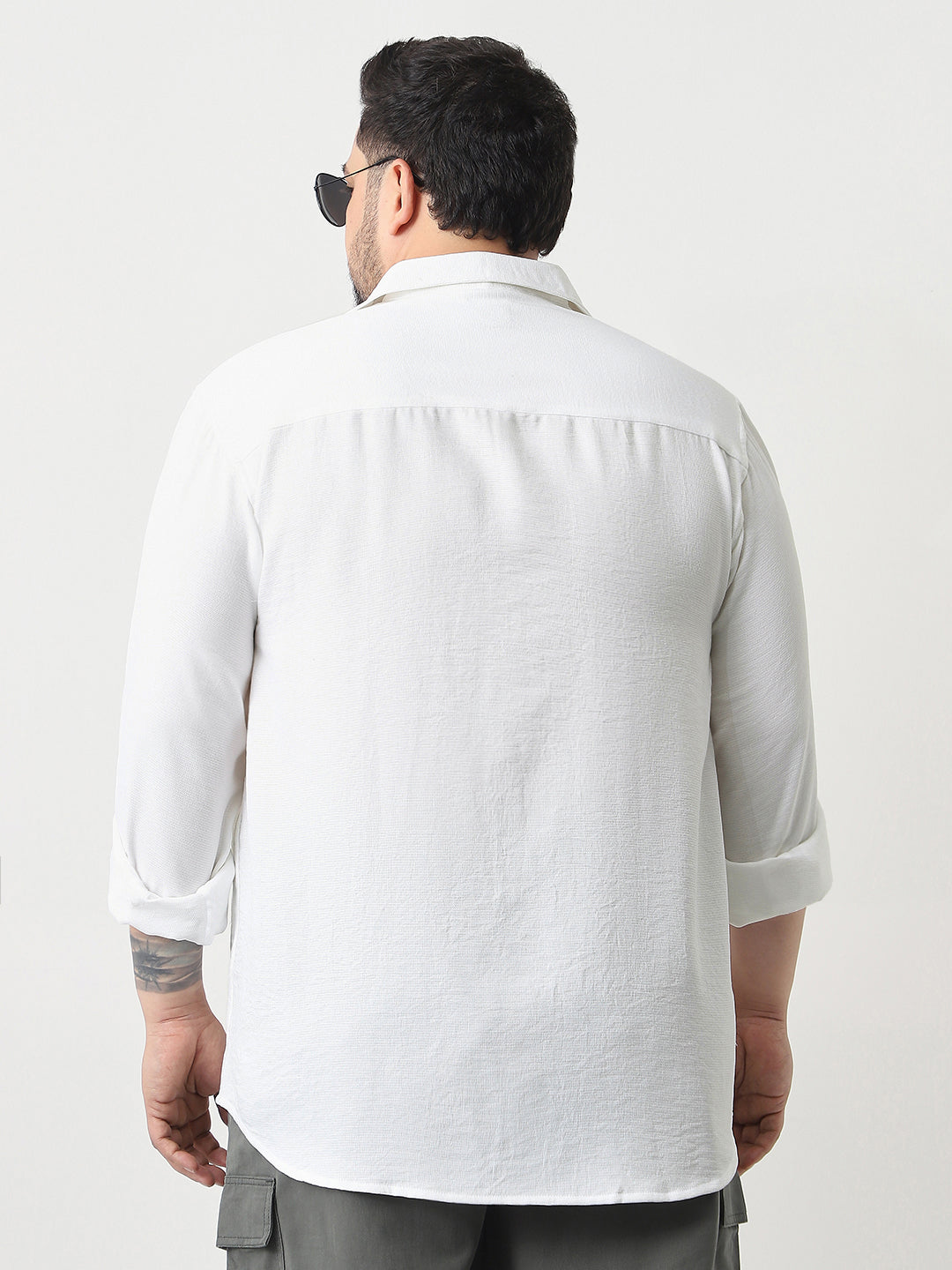 Plus Men's White Linen Blend Full Sleeve Relaxed Fit Casual Solid Shirt