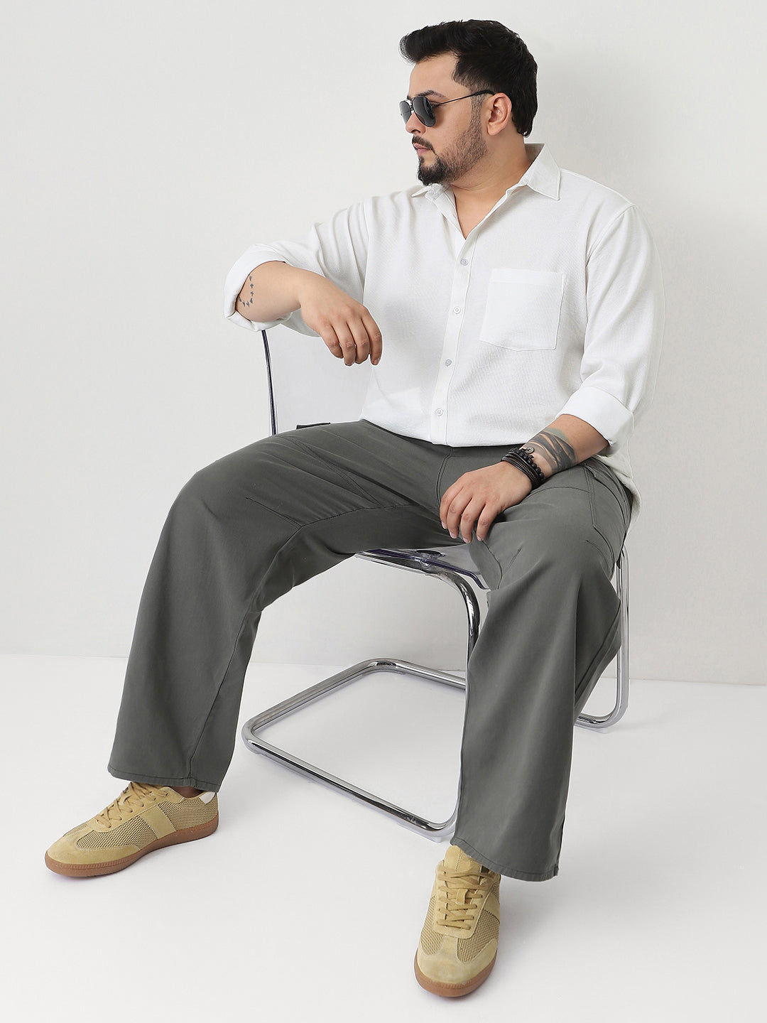 Plus Men's White Linen Blend Full Sleeve Relaxed Fit Casual Solid Shirt