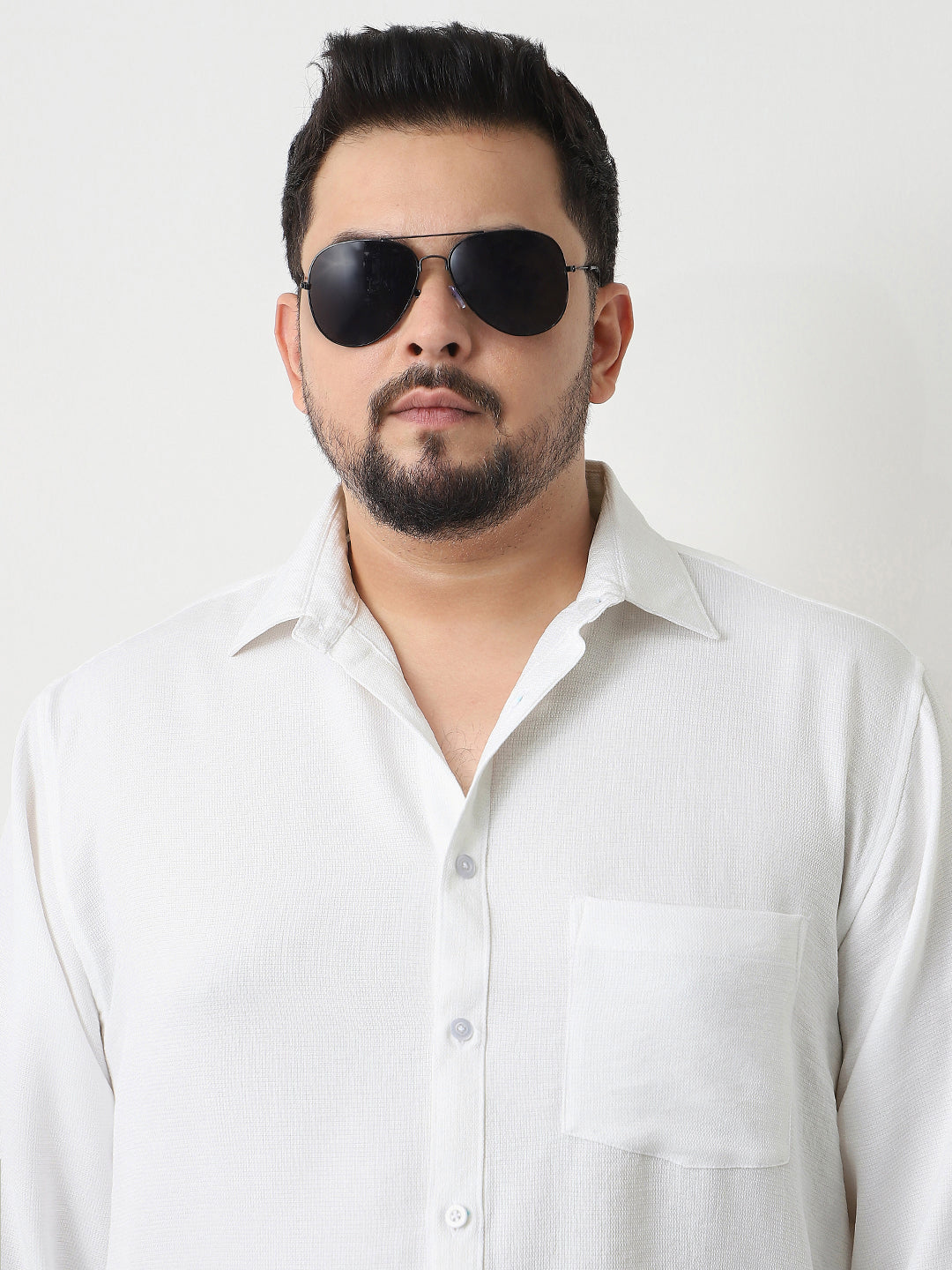 Plus Men's White Linen Blend Full Sleeve Relaxed Fit Casual Solid Shirt