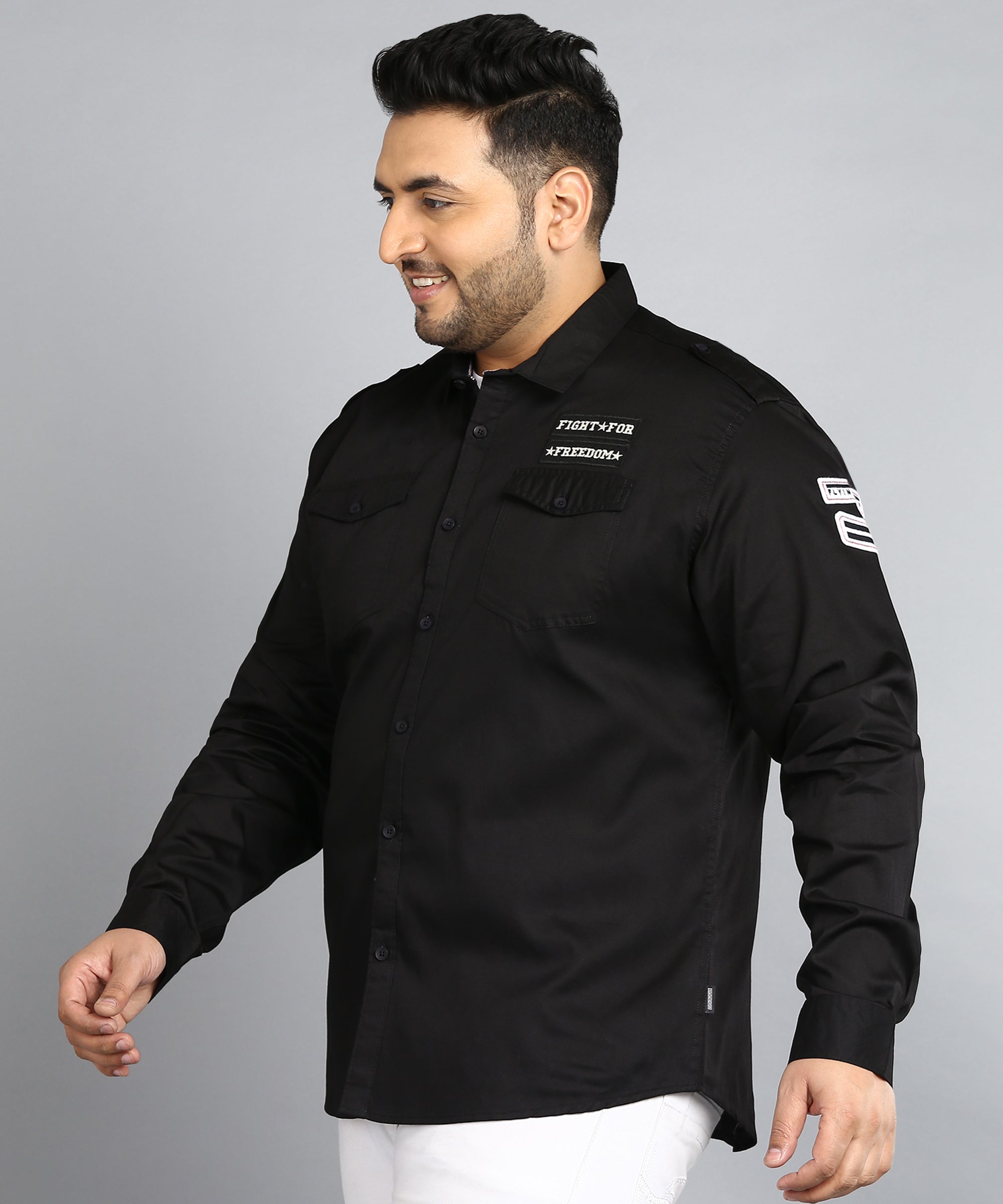 Plus Men's Black Cotton Full Sleeve Regular Fit Casual Solid Shirt