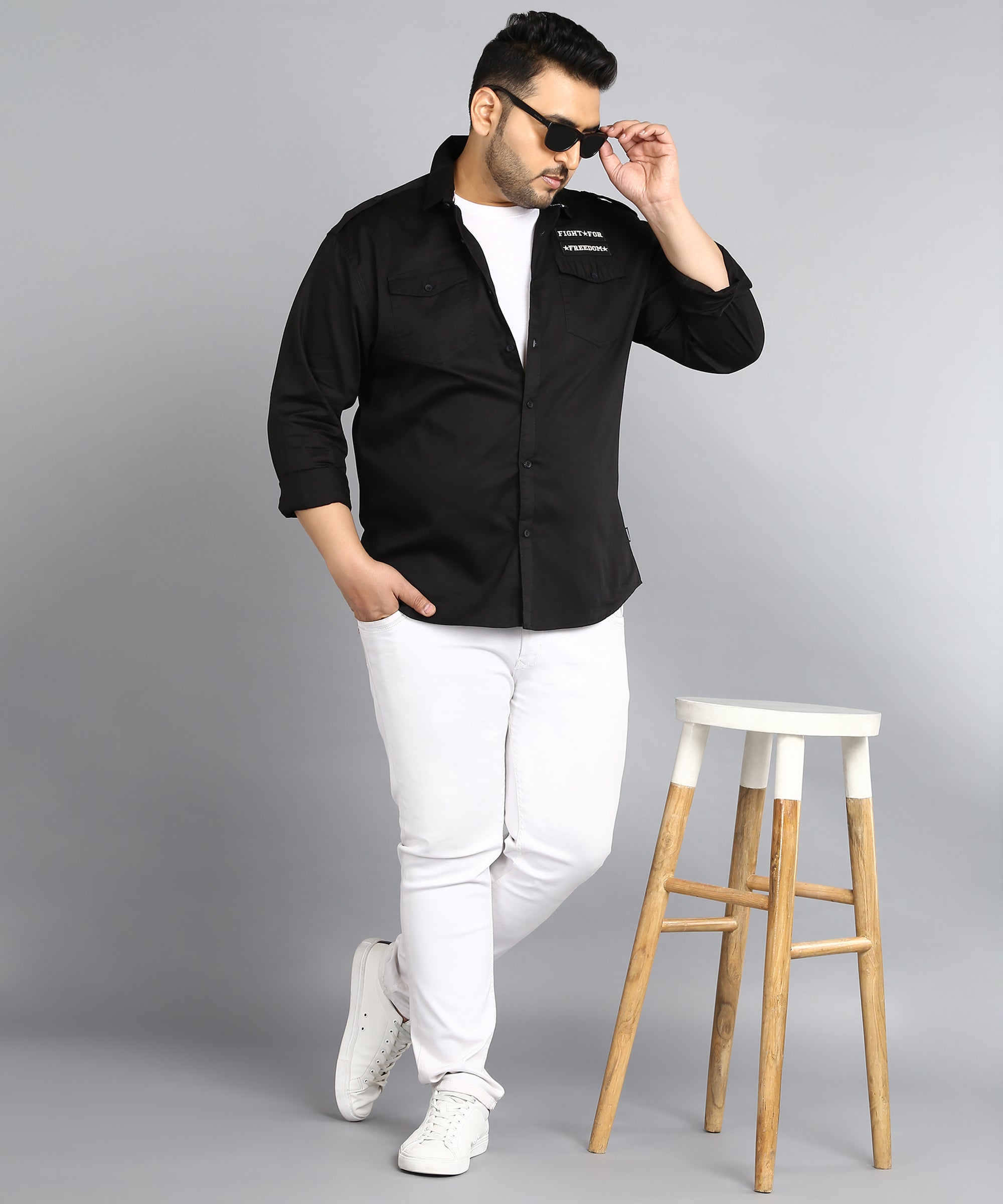 Plus Men's Black Cotton Full Sleeve Regular Fit Casual Solid Shirt