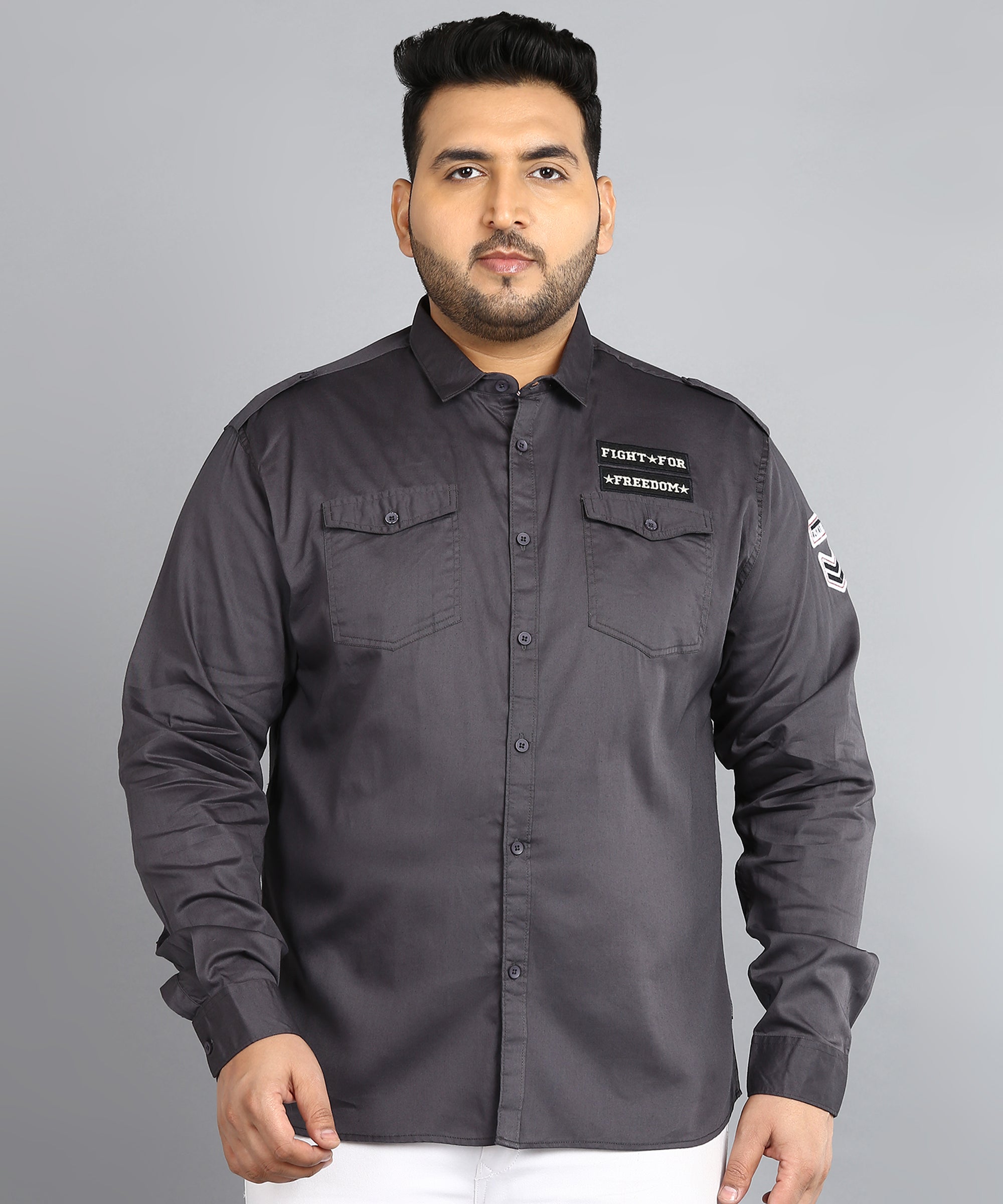 Plus Men's Grey Cotton Full Sleeve Regular Fit Casual Solid Shirt