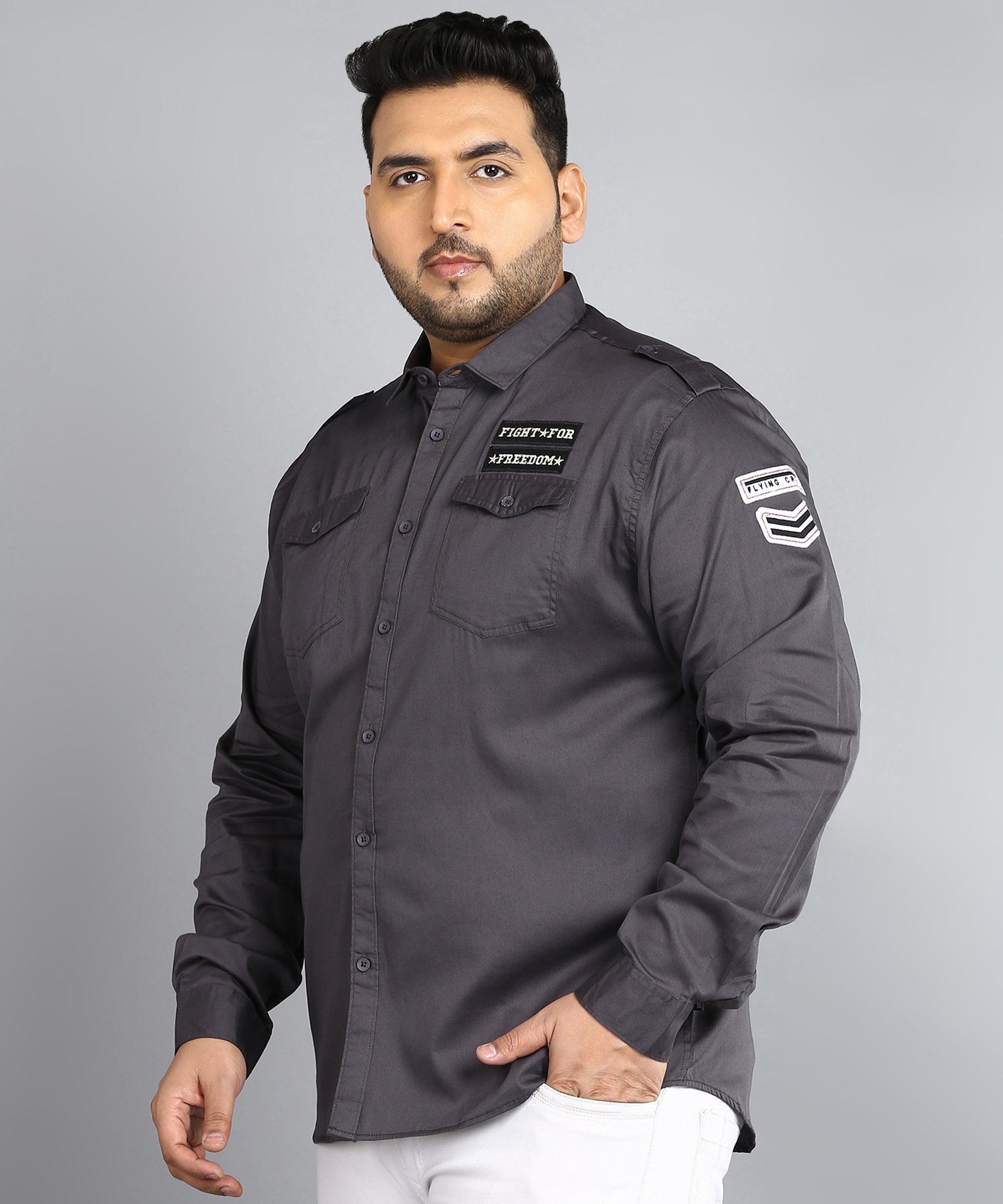 Plus Men's Grey Cotton Full Sleeve Regular Fit Casual Solid Shirt