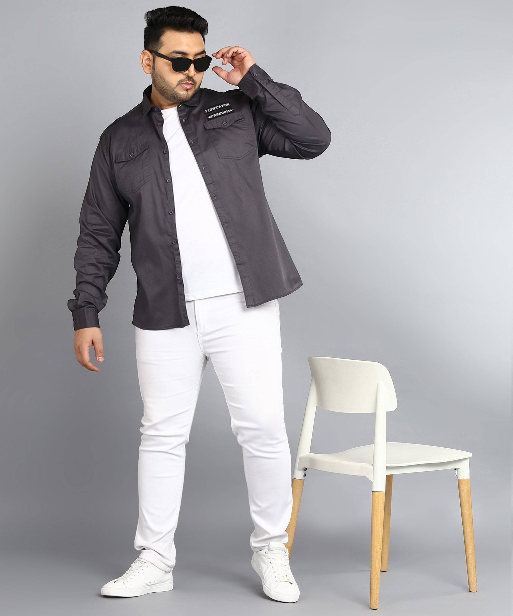 Plus Men's Grey Cotton Full Sleeve Regular Fit Casual Solid Shirt