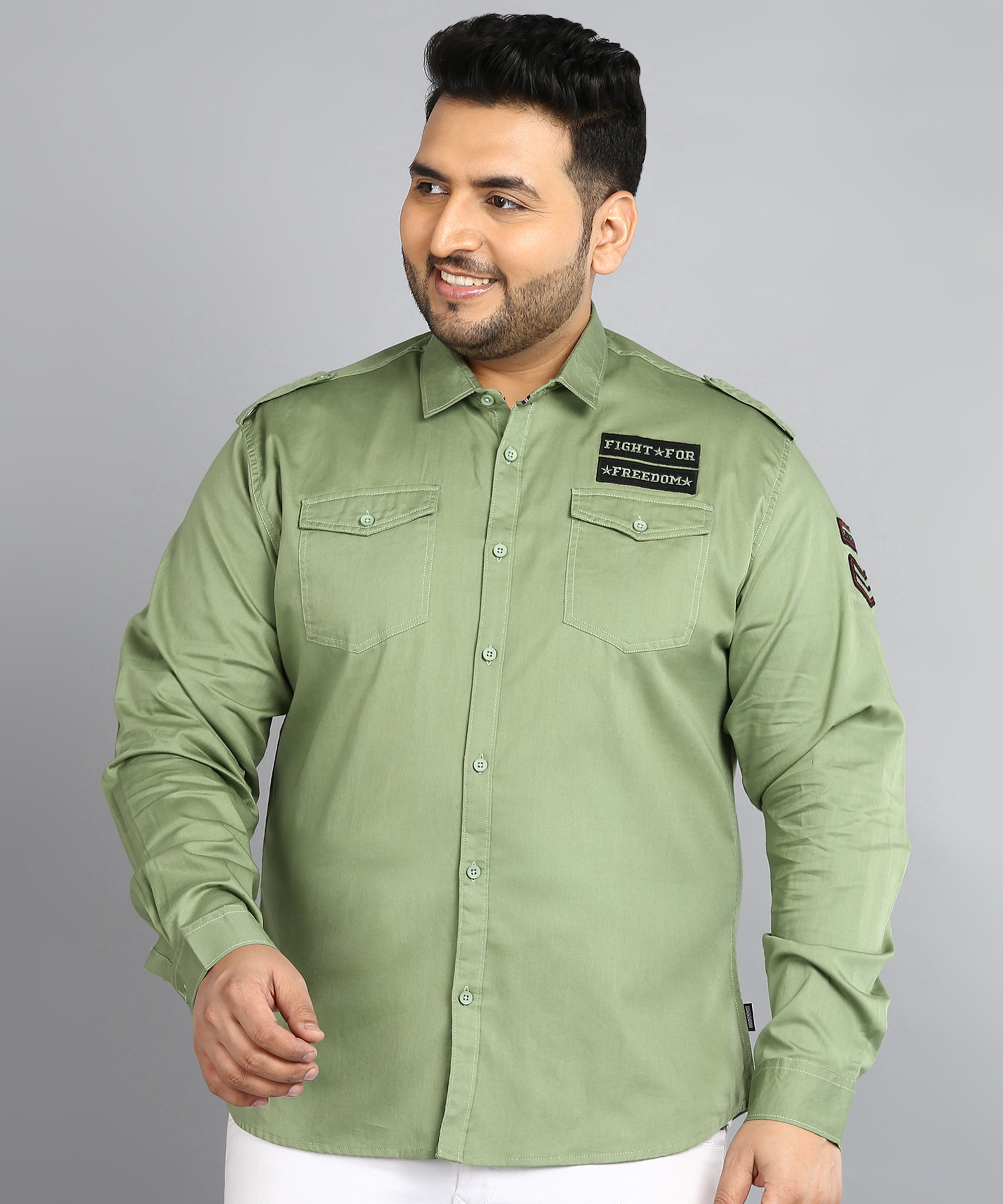 Plus Men's Green Cotton Full Sleeve Regular Fit Casual Solid Shirt