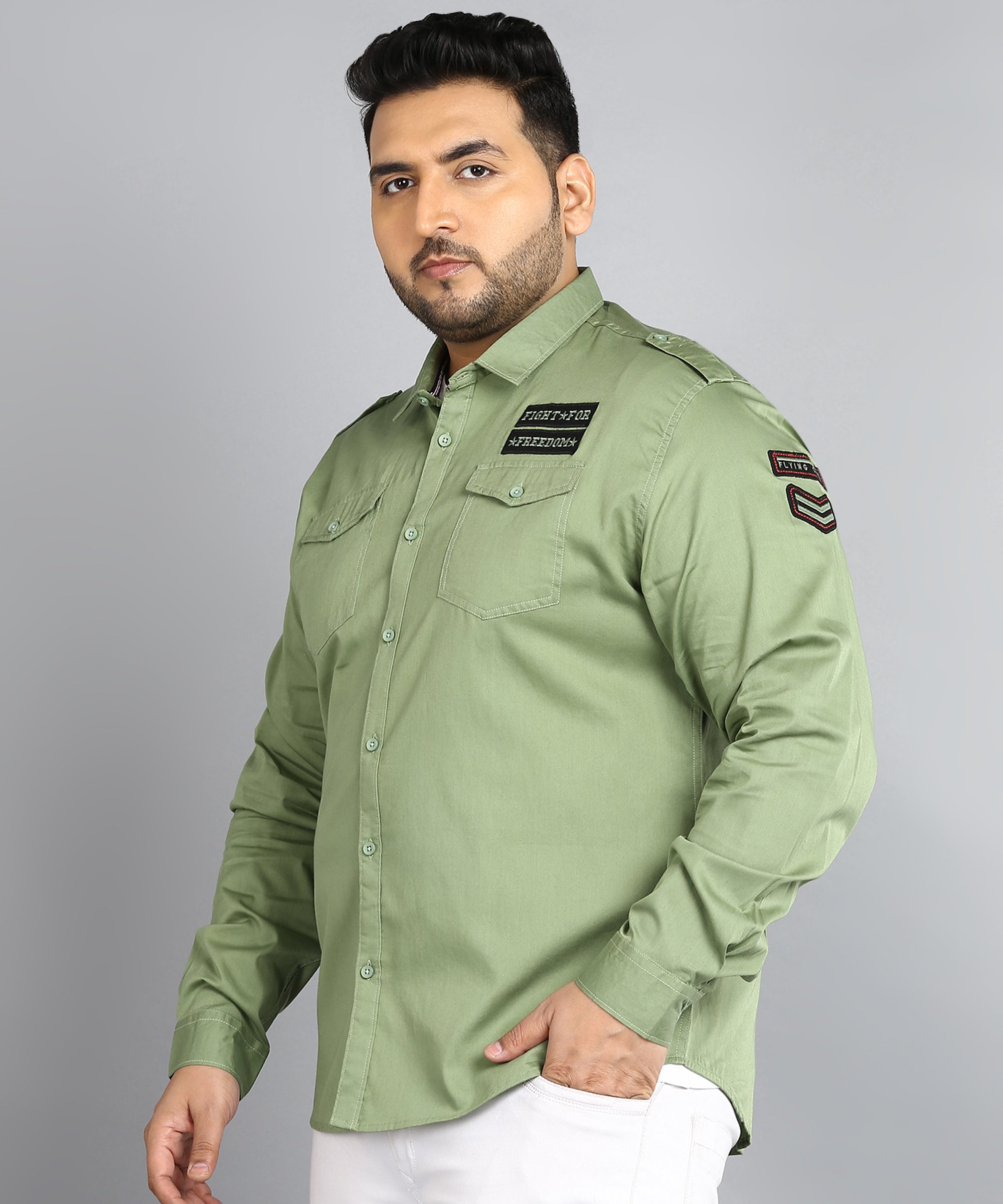 Plus Men's Green Cotton Full Sleeve Regular Fit Casual Solid Shirt