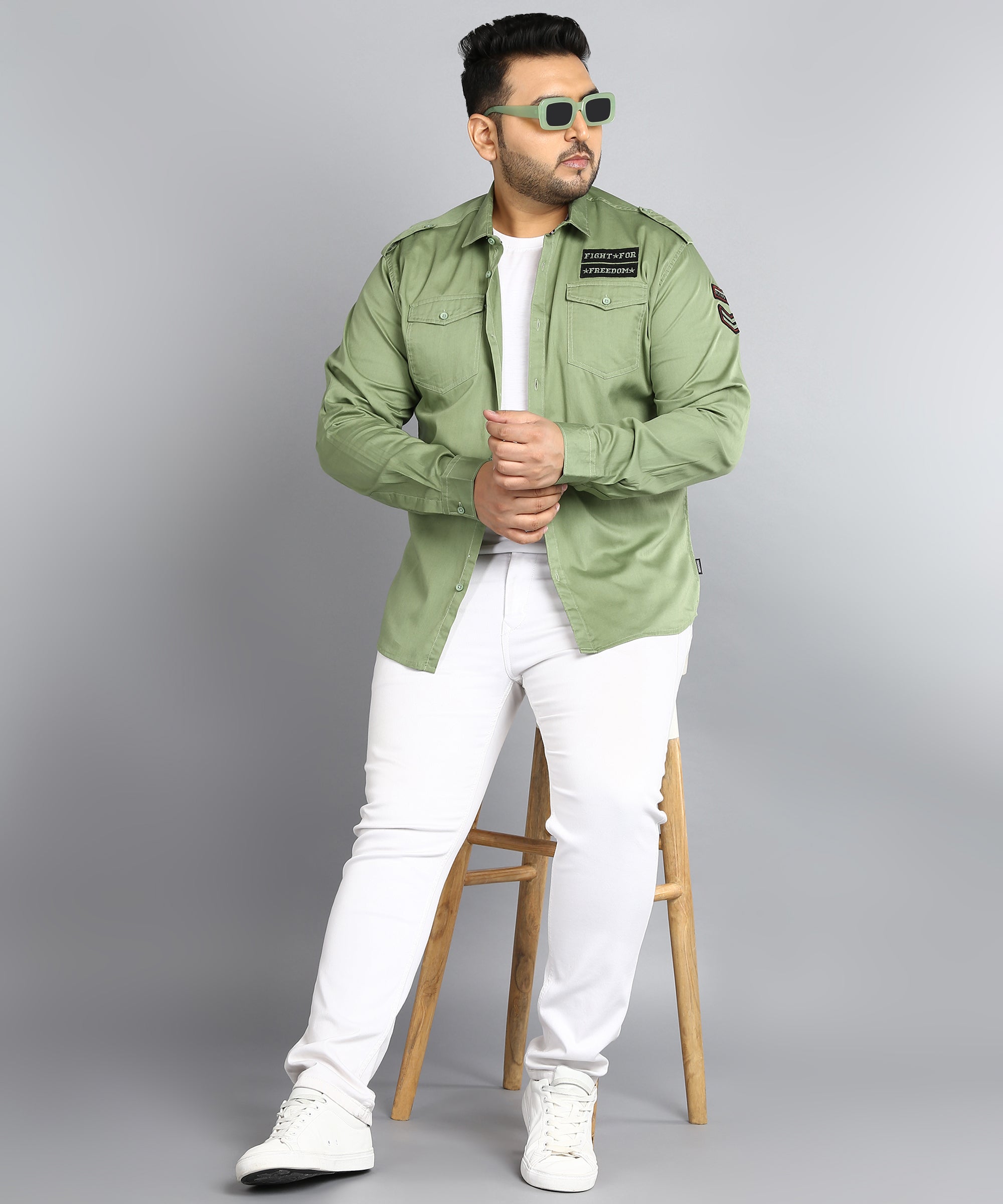 Plus Men's Green Cotton Full Sleeve Regular Fit Casual Solid Shirt