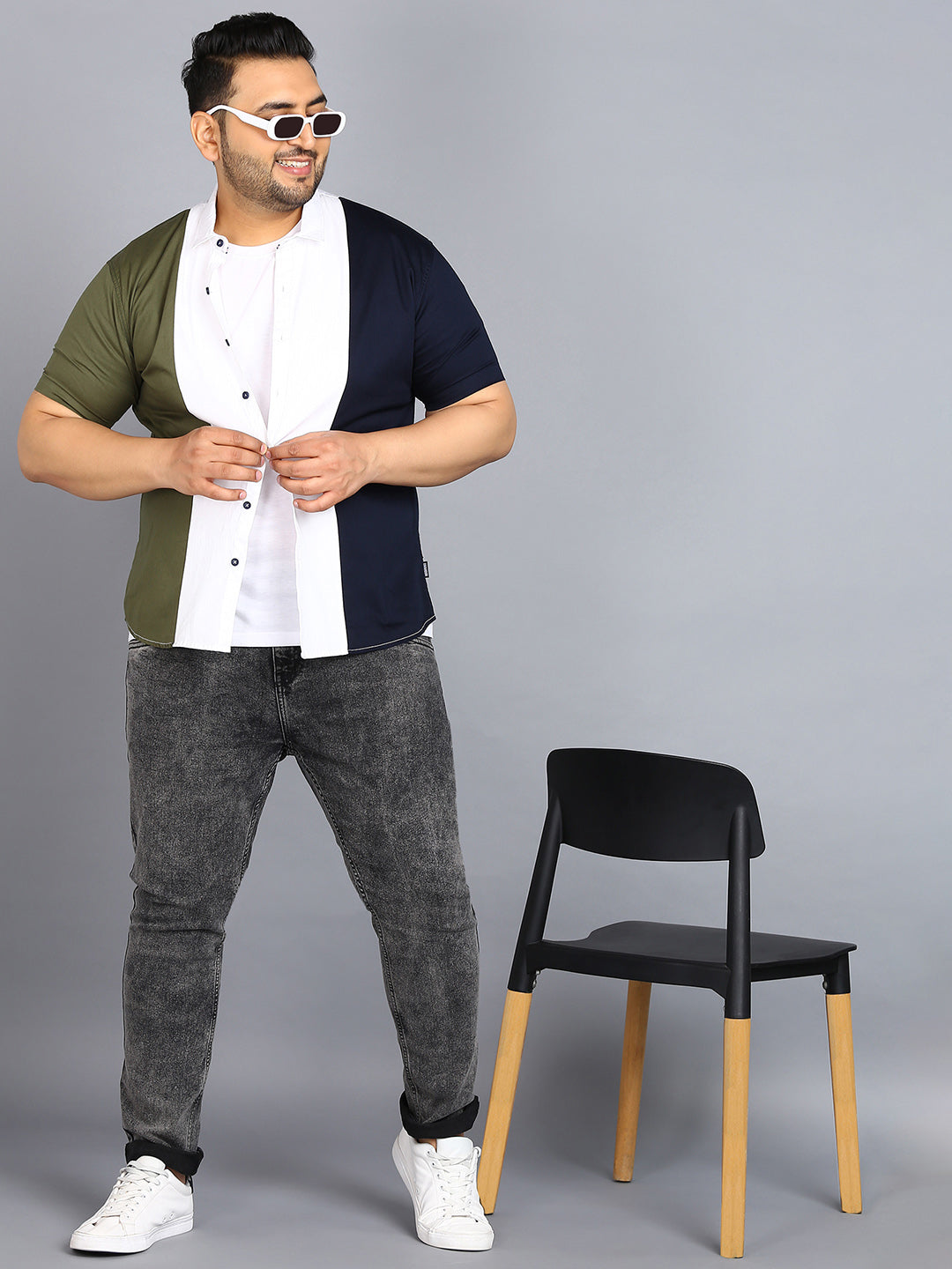 Plus Men's Blue, White, Green Cotton Half Sleeve Regular Fit Casual Colorblock Shirt