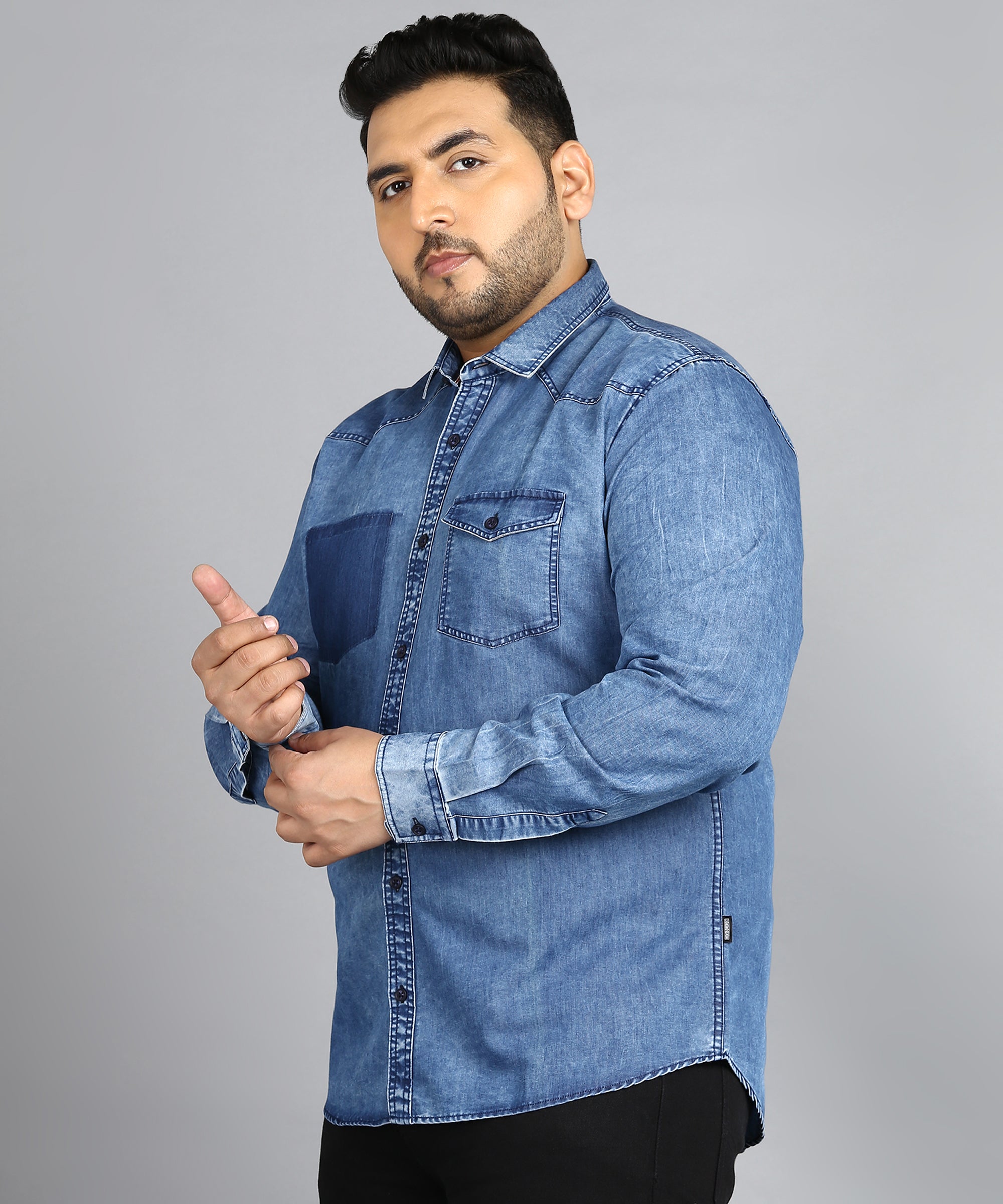 Plus Men's Blue Denim Full Sleeve Regular Fit Washed Casual Shirt
