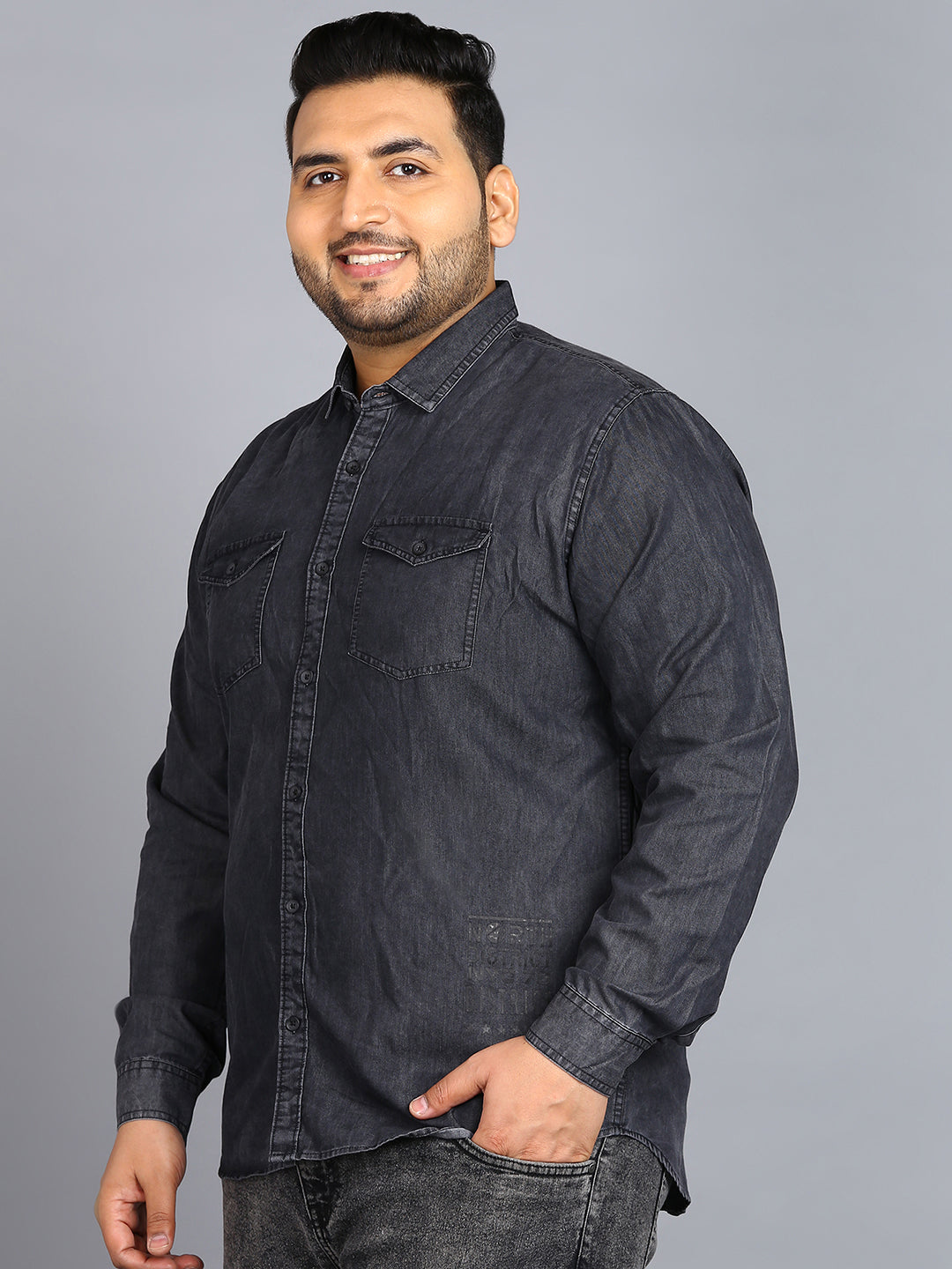 Plus Men's Dark Grey Denim Full Sleeve Regular Fit Washed Casual Shirt