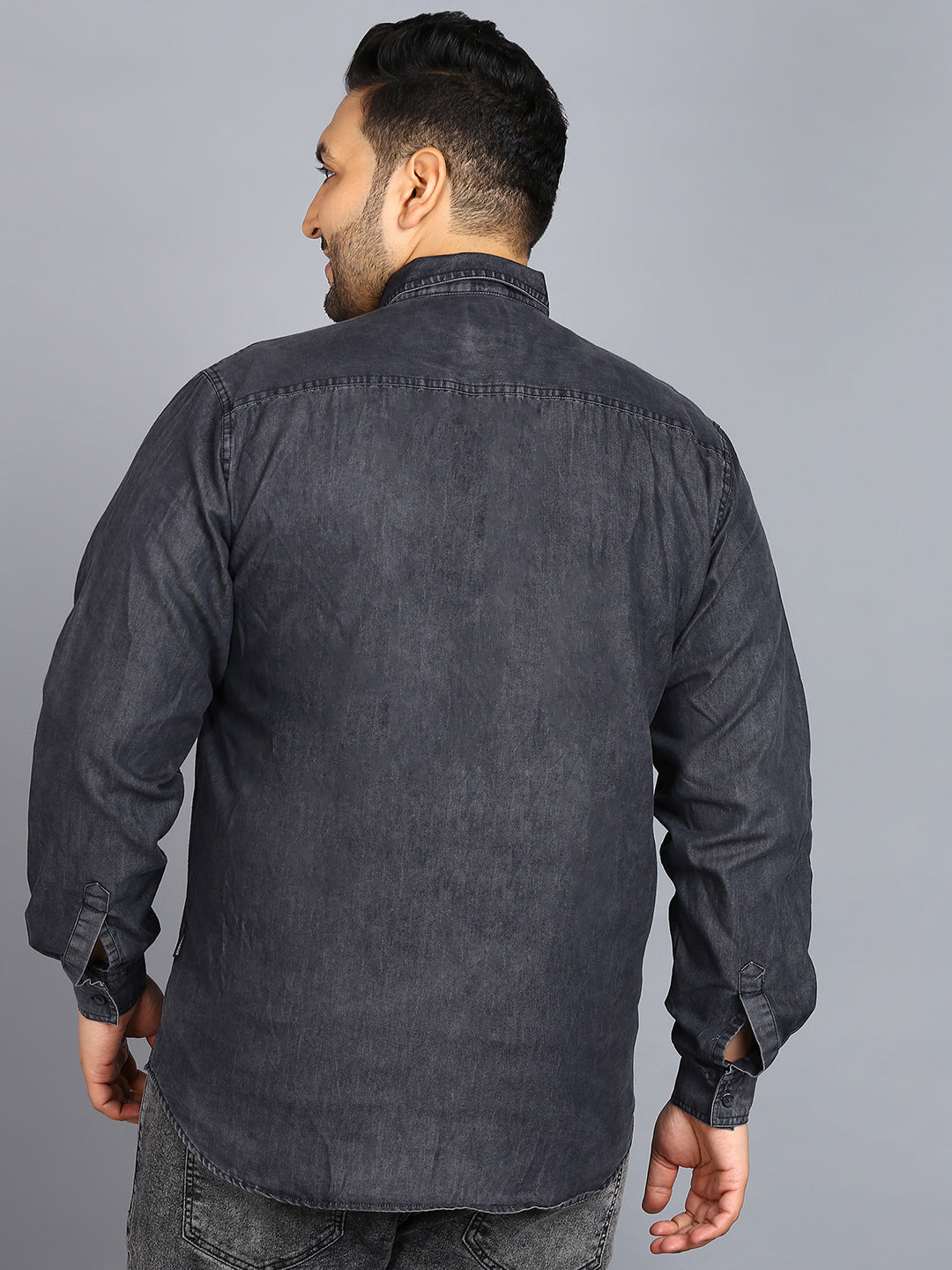 Plus Men's Dark Grey Denim Full Sleeve Regular Fit Washed Casual Shirt