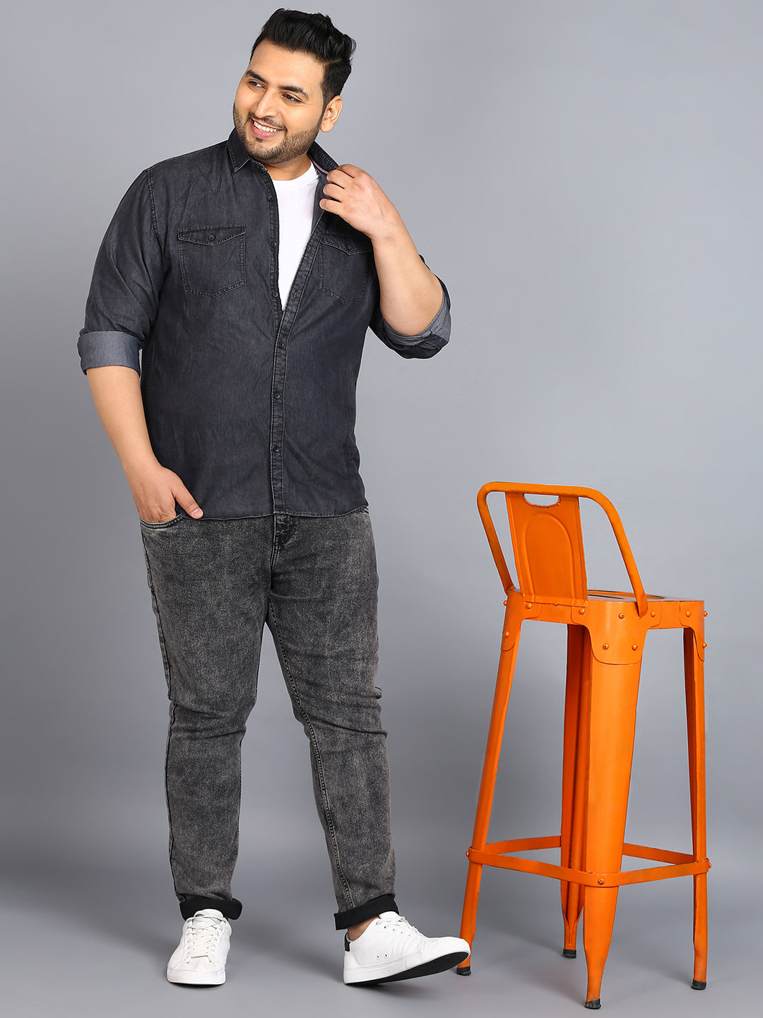 Plus Men's Dark Grey Denim Full Sleeve Regular Fit Washed Casual Shirt