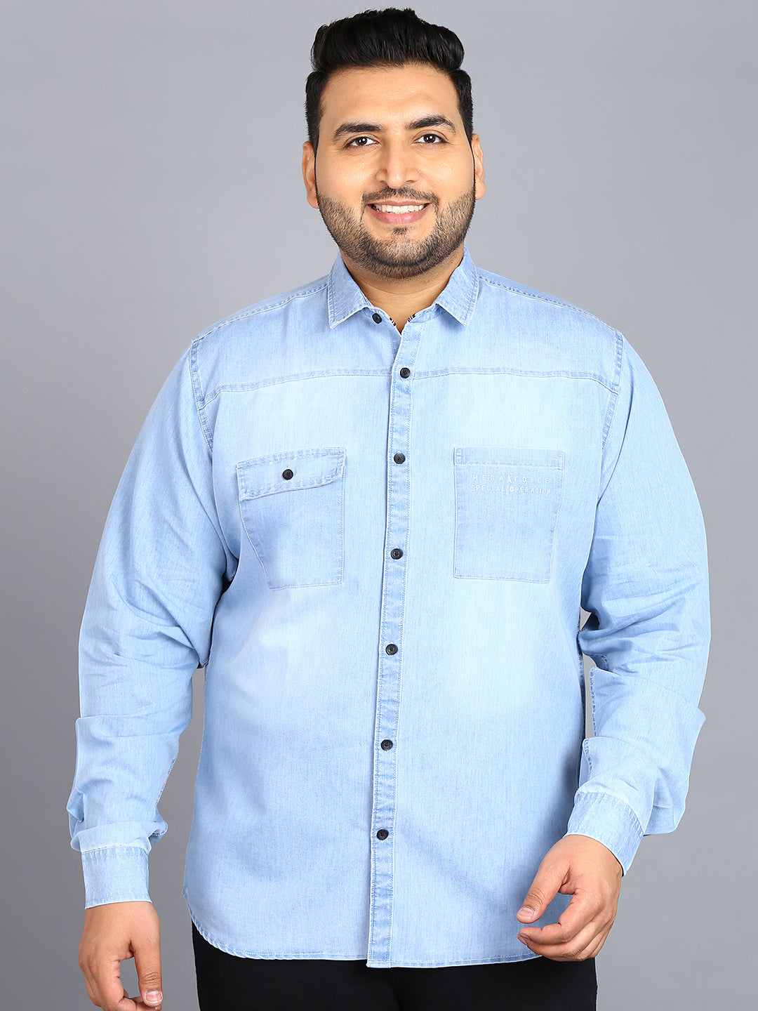Plus Men's Ice Blue Denim Full Sleeve Regular Fit Washed Casual Shirt