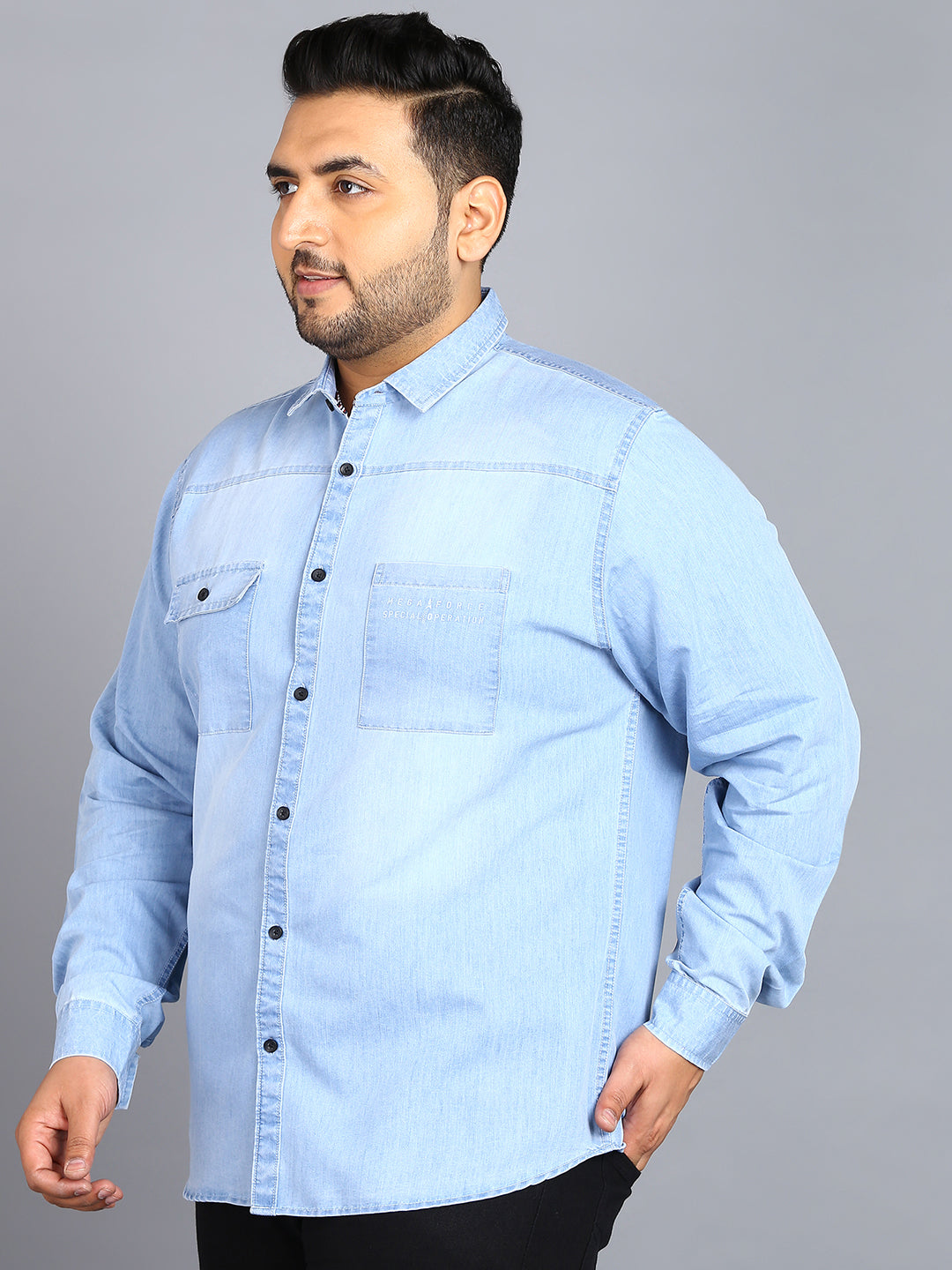 Plus Men's Ice Blue Denim Full Sleeve Regular Fit Washed Casual Shirt