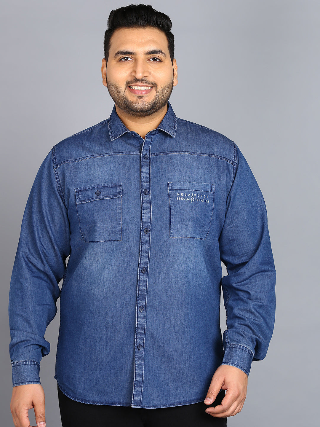Plus Men's Blue Denim Full Sleeve Regular Fit Washed Casual Shirt