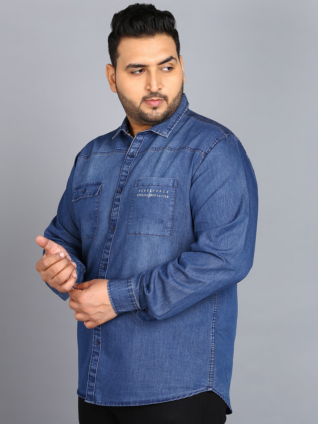 Plus Men's Blue Denim Full Sleeve Regular Fit Washed Casual Shirt