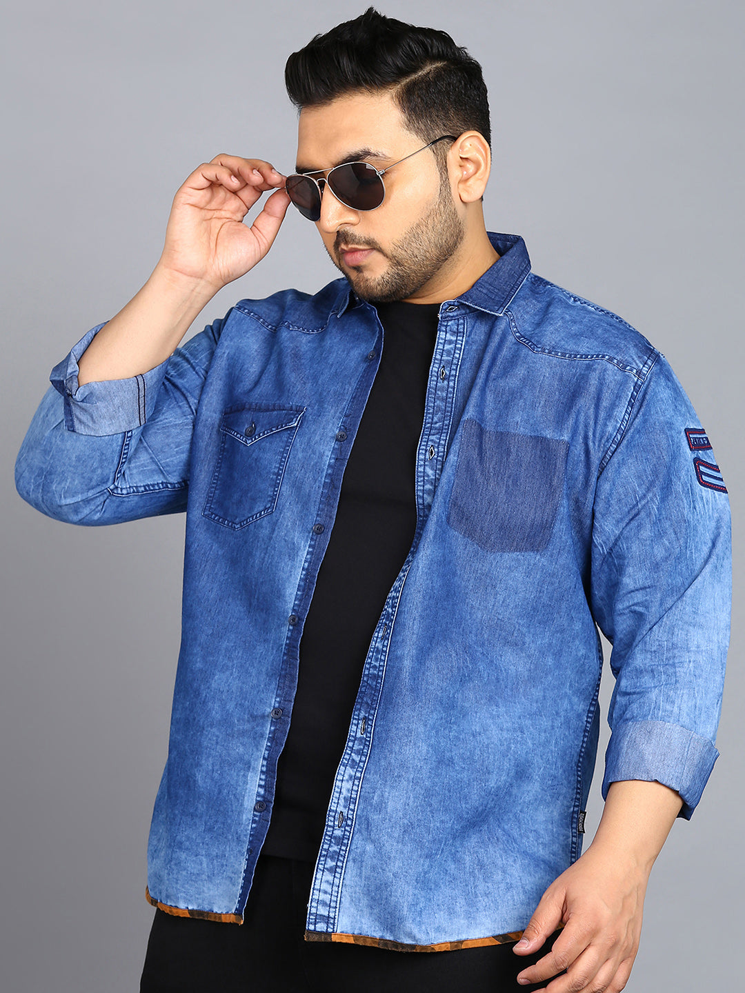 Plus Men's Blue Denim Full Sleeve Regular Fit Washed Casual Shirt