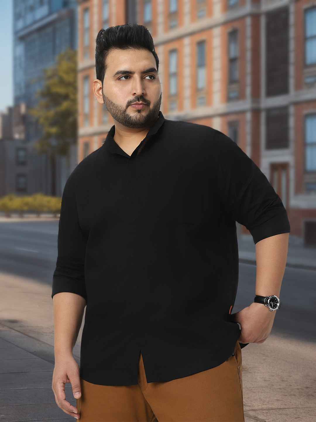 Men's Black Cotton Full Sleeve Regular Fit Casual Solid Shirt with Band Collar