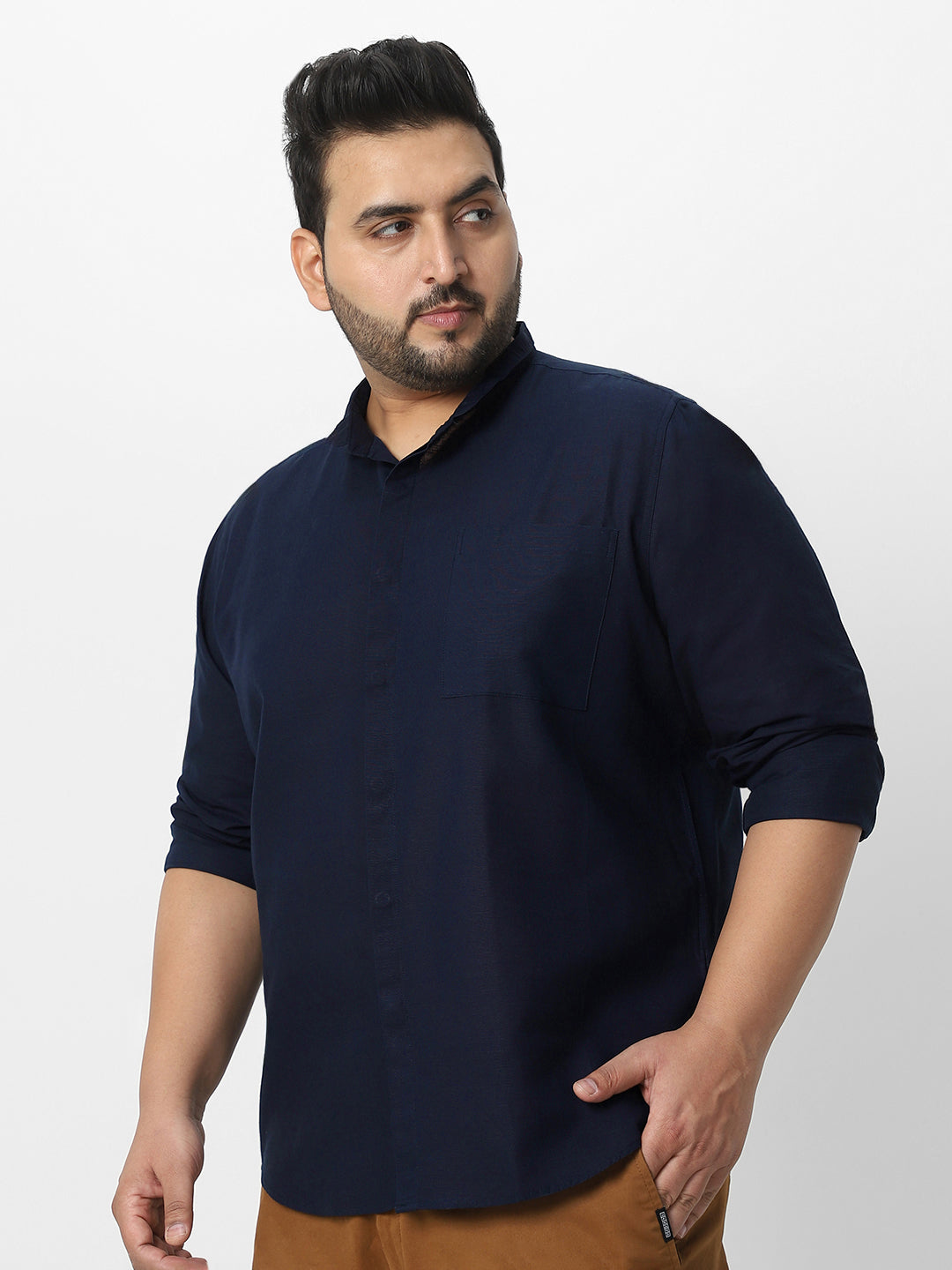 Men's Navy Cotton Full Sleeve Regular Fit Casual Solid Shirt with Band Collar