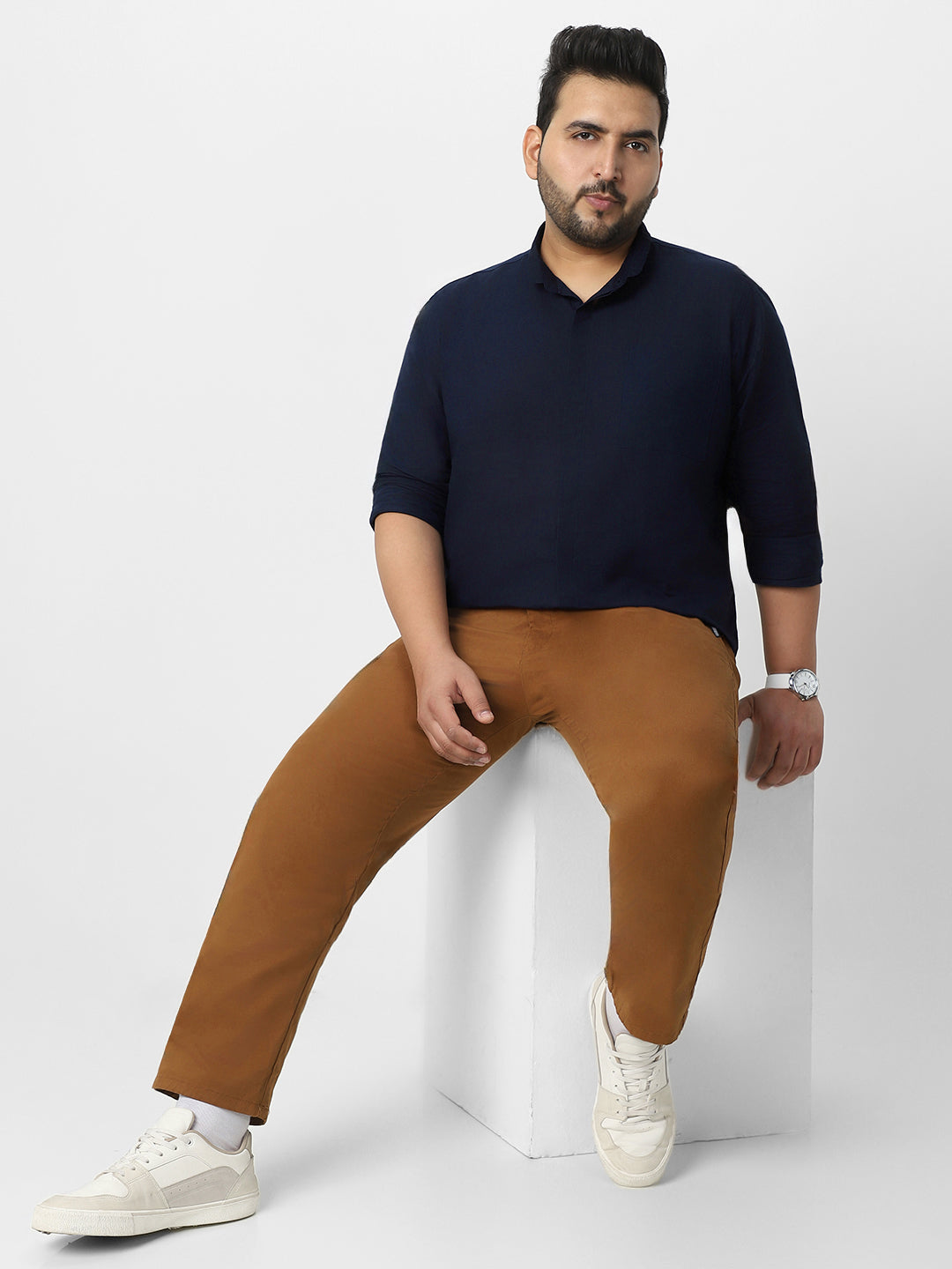 Men's Navy Cotton Full Sleeve Regular Fit Casual Solid Shirt with Band Collar