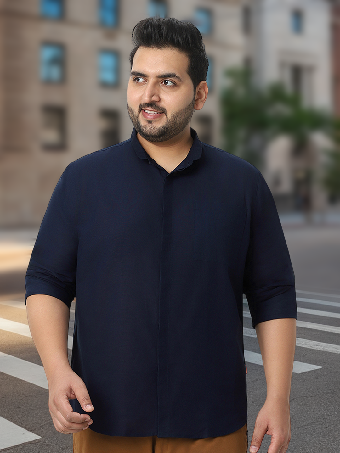 Men's Navy Cotton Full Sleeve Regular Fit Casual Solid Shirt with Band Collar