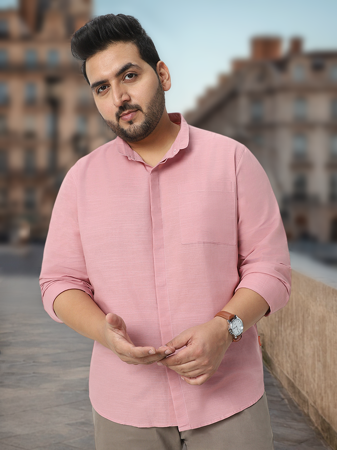 Men's Pink Cotton Full Sleeve Regular Fit Casual Solid Shirt with Band Collar