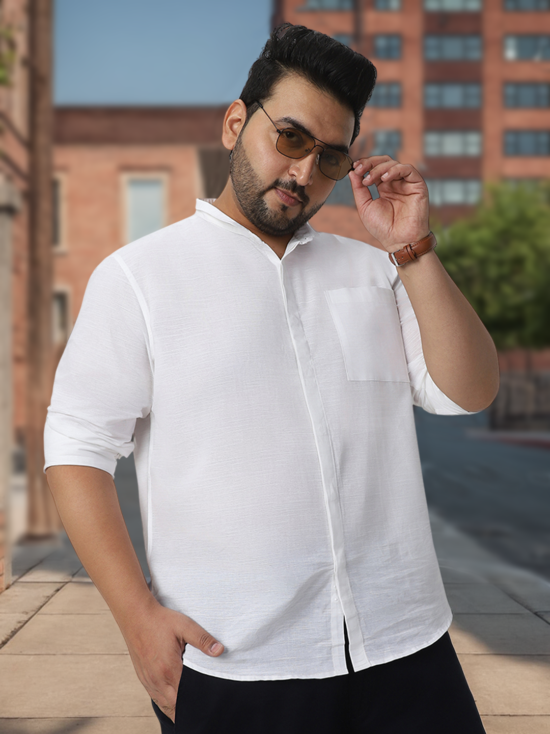 Men's White Cotton Full Sleeve Regular Fit Casual Solid Shirt with Band Collar